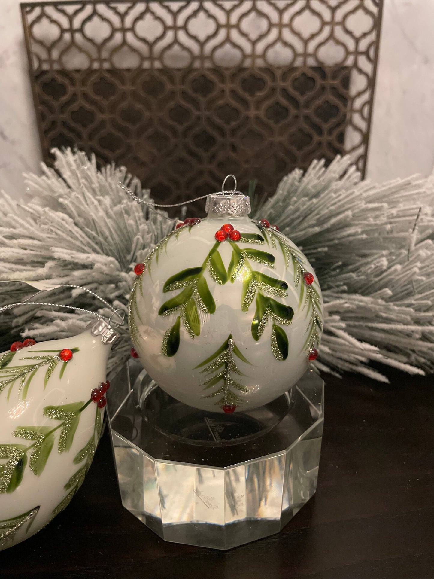 Set of 2. 4”-6” Glass berry/leaf final and ball ornaments. White, green and red.