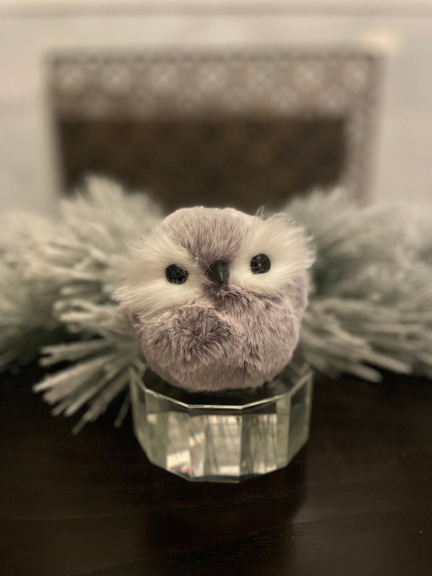 Set of 2. 4” Chubby owl, faux fur ornament.