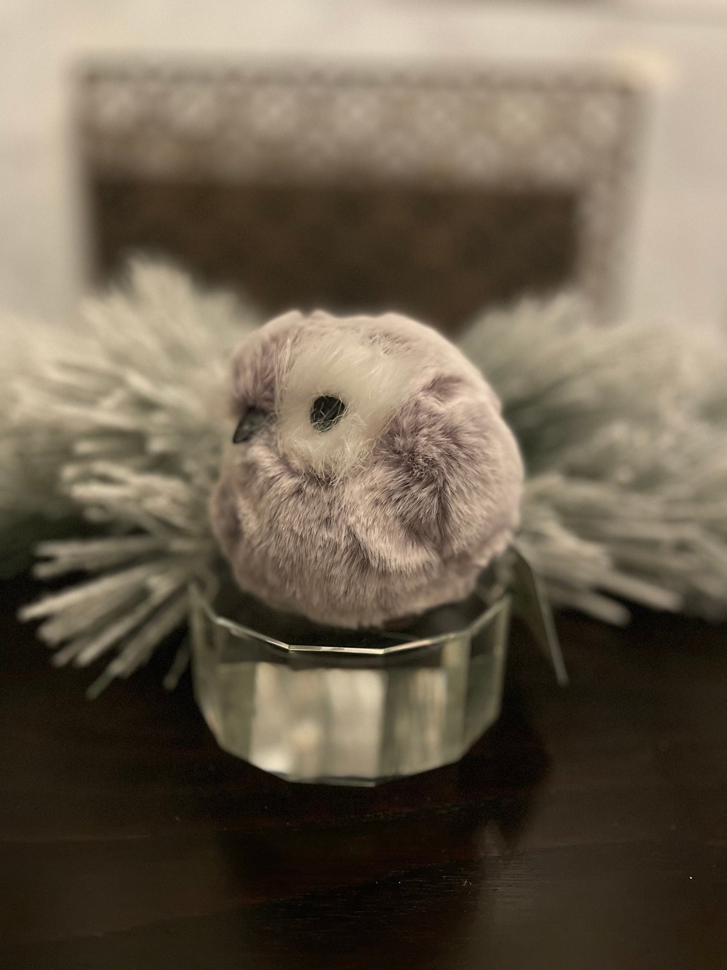 Set of 2. 4” Chubby owl, faux fur ornament.