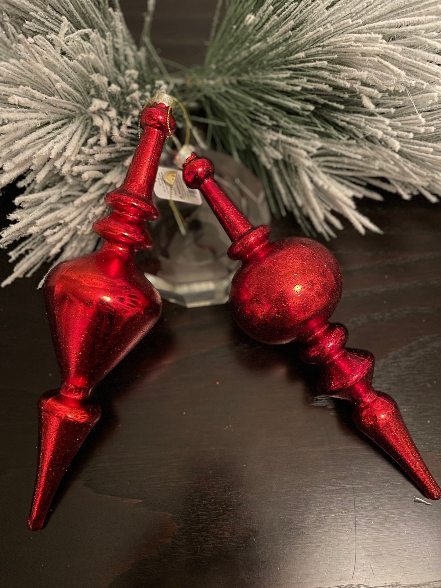 Set of 2. 12” Red textured finial glass ornament.