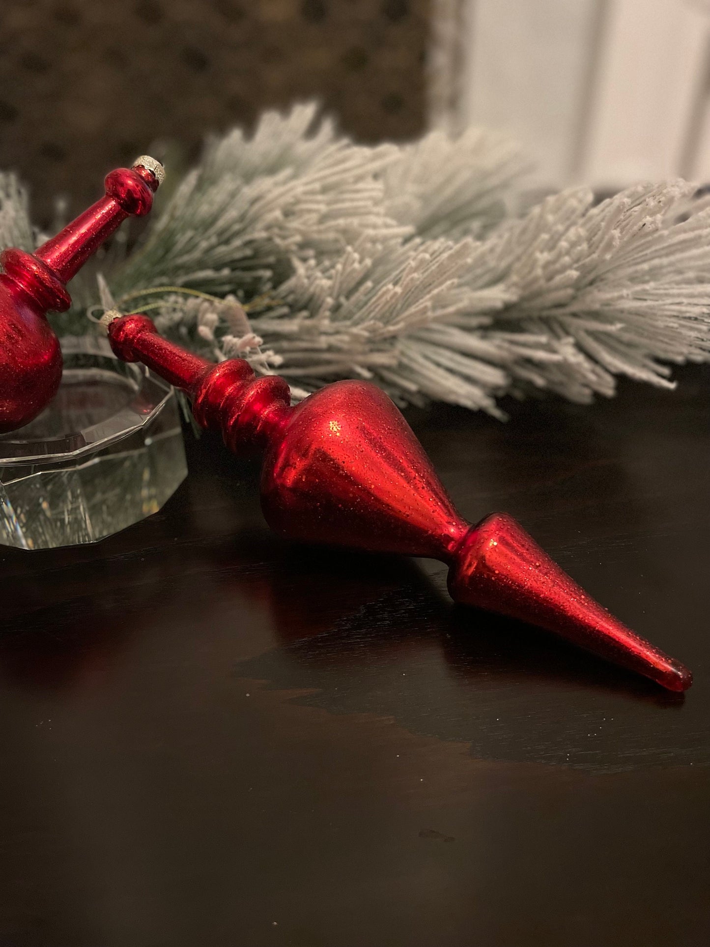 Set of 2. 12” Red textured finial glass ornament.