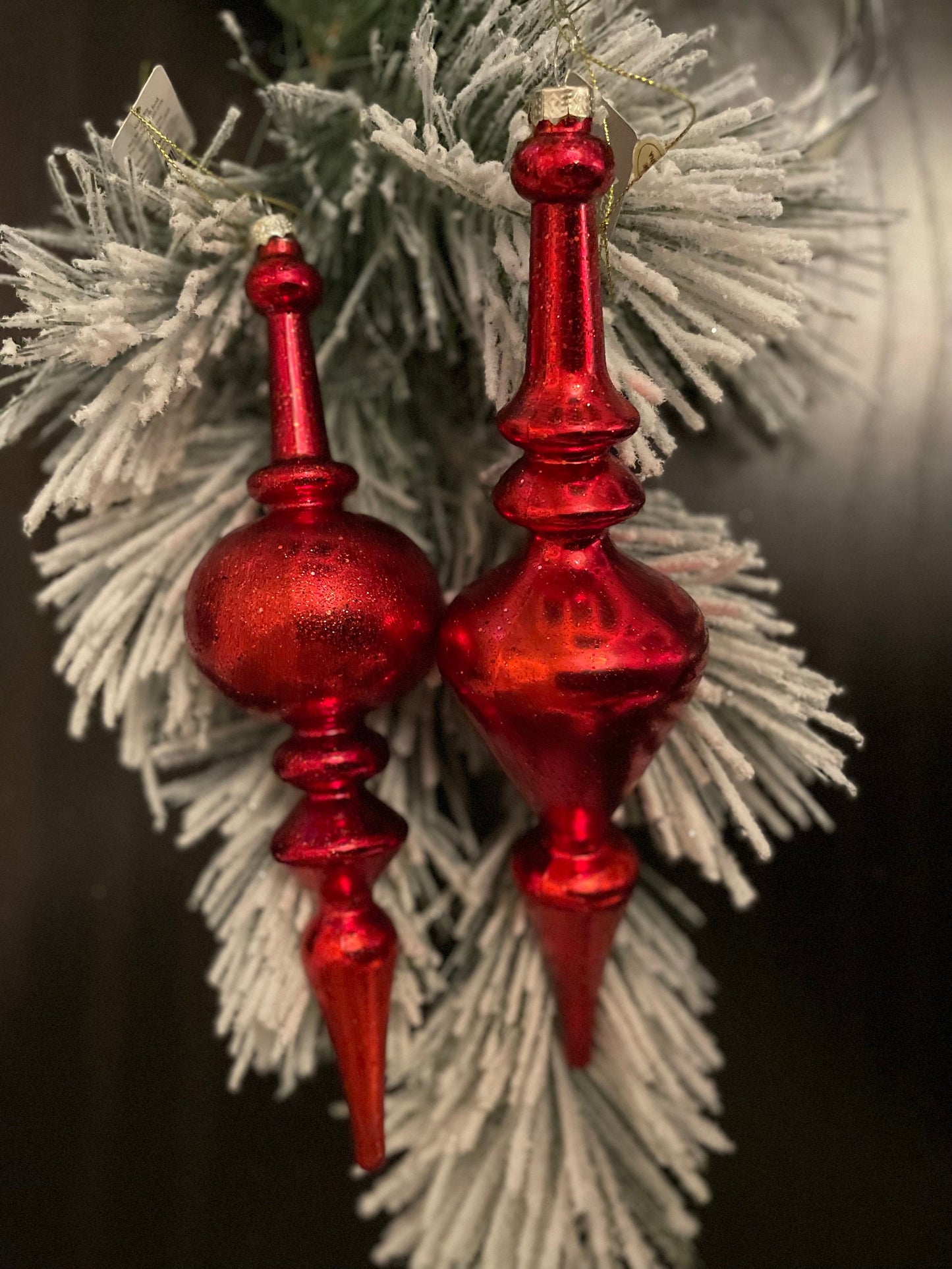 Set of 2. 12” Red textured finial glass ornament.