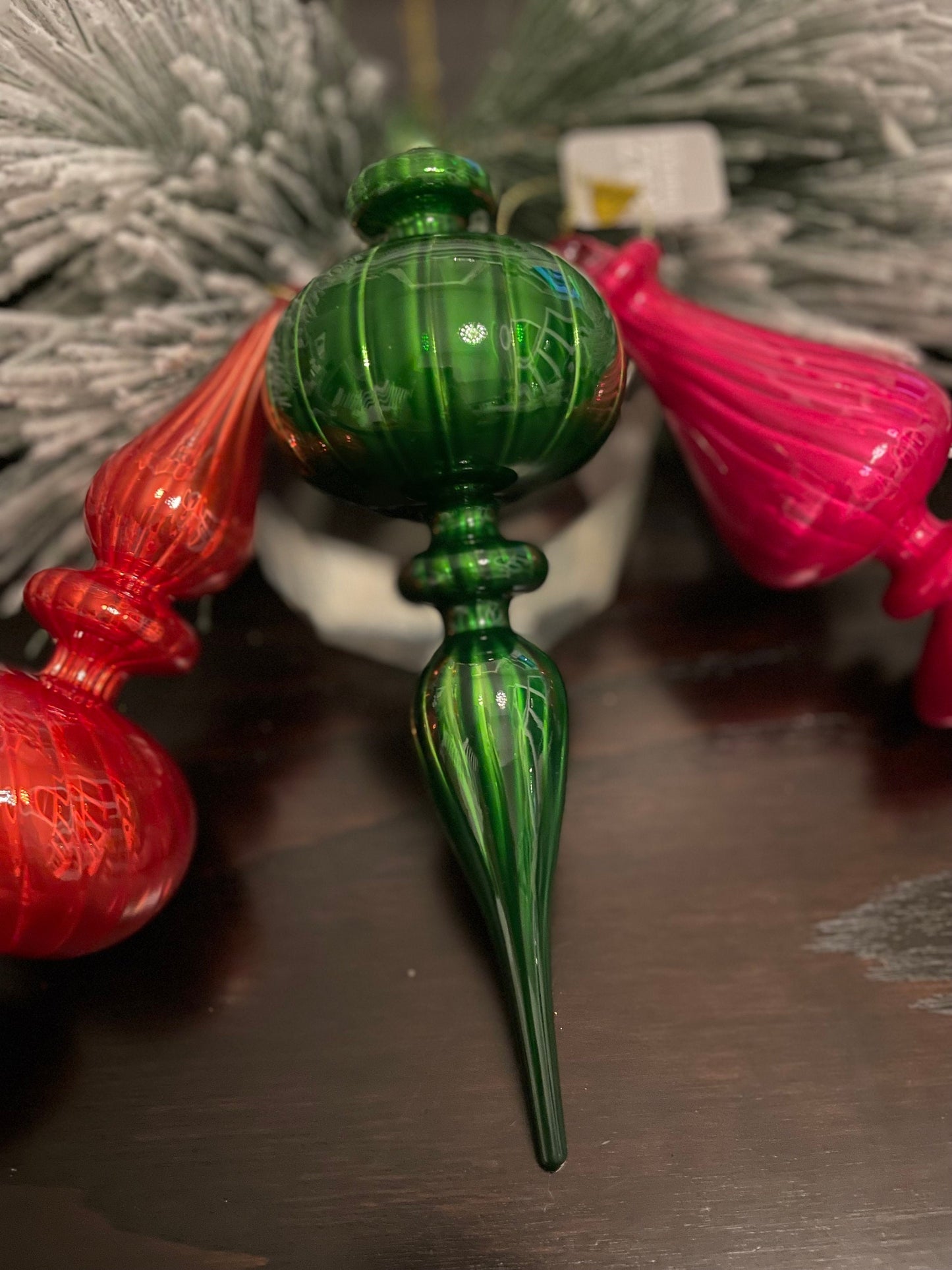 Set of 3. 9.75” Blown glass finial ornament. Pink, green and orange-red.