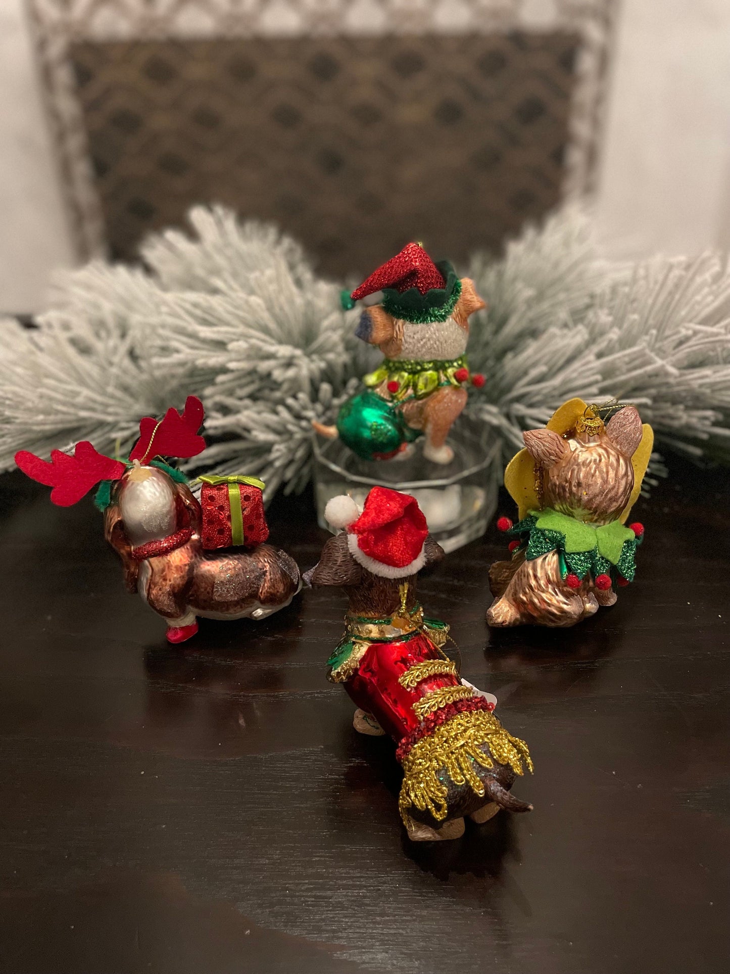 Set of 4. 4" Dogs with Christmas outfit ornament. Glass.