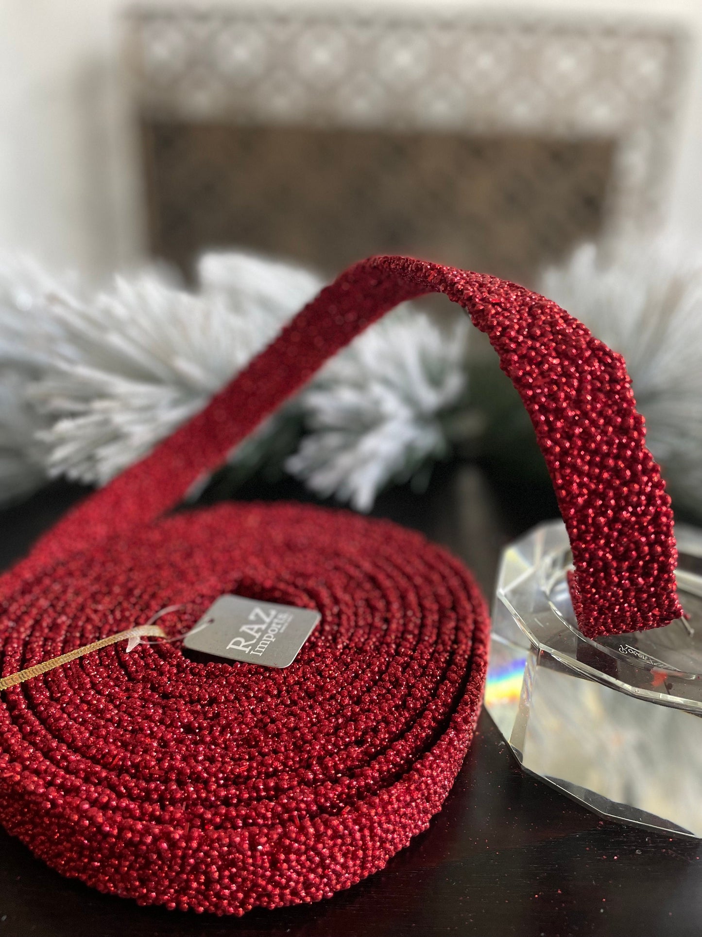 15’ L x 1”W Red beaded garland. Raz.
