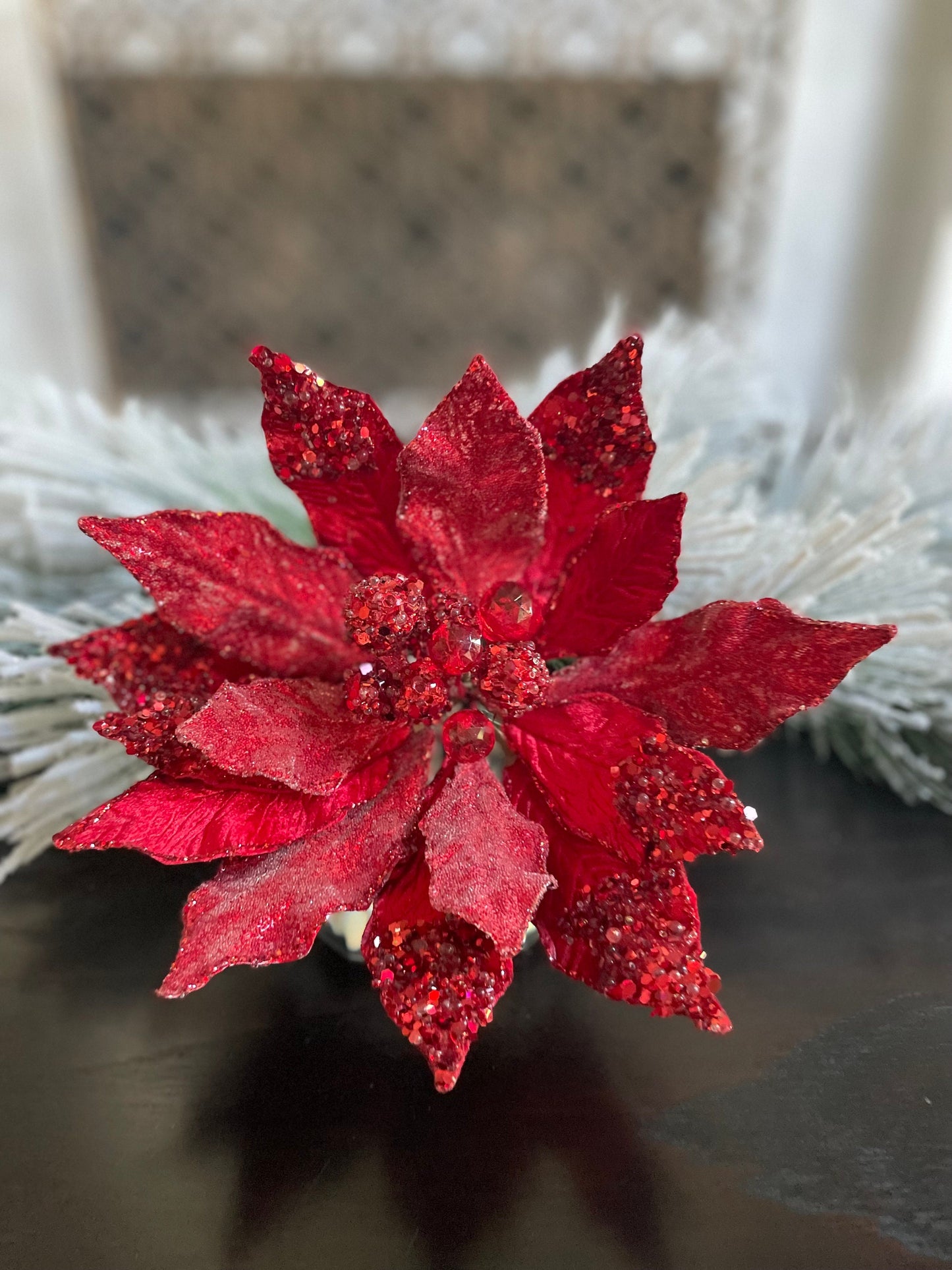 18" Heavy jeweled poinsettia stem. Red.