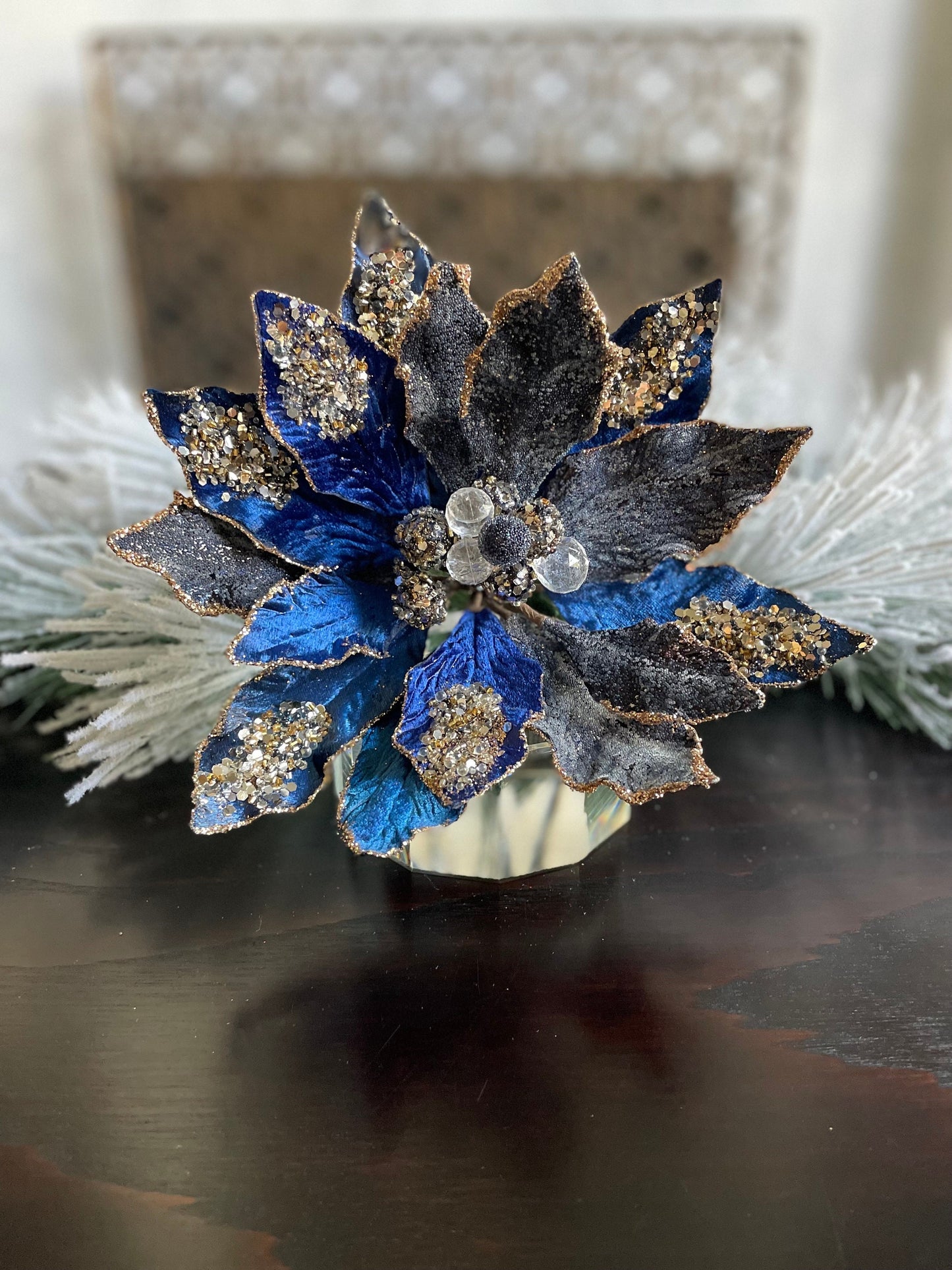 18" Heavy jeweled poinsettia stem. Sapphire and gold.