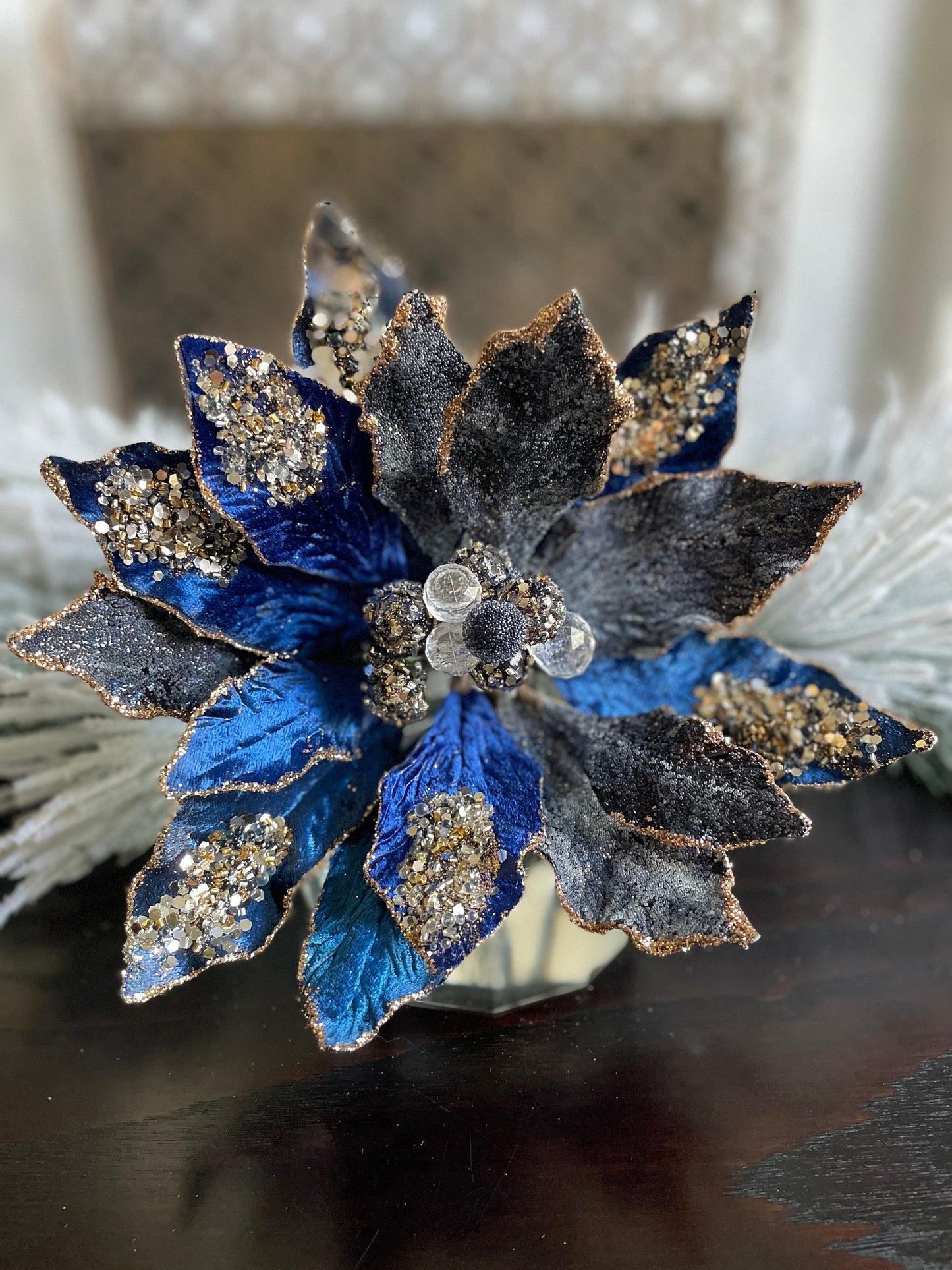 18" Heavy jeweled poinsettia stem. Sapphire and gold.