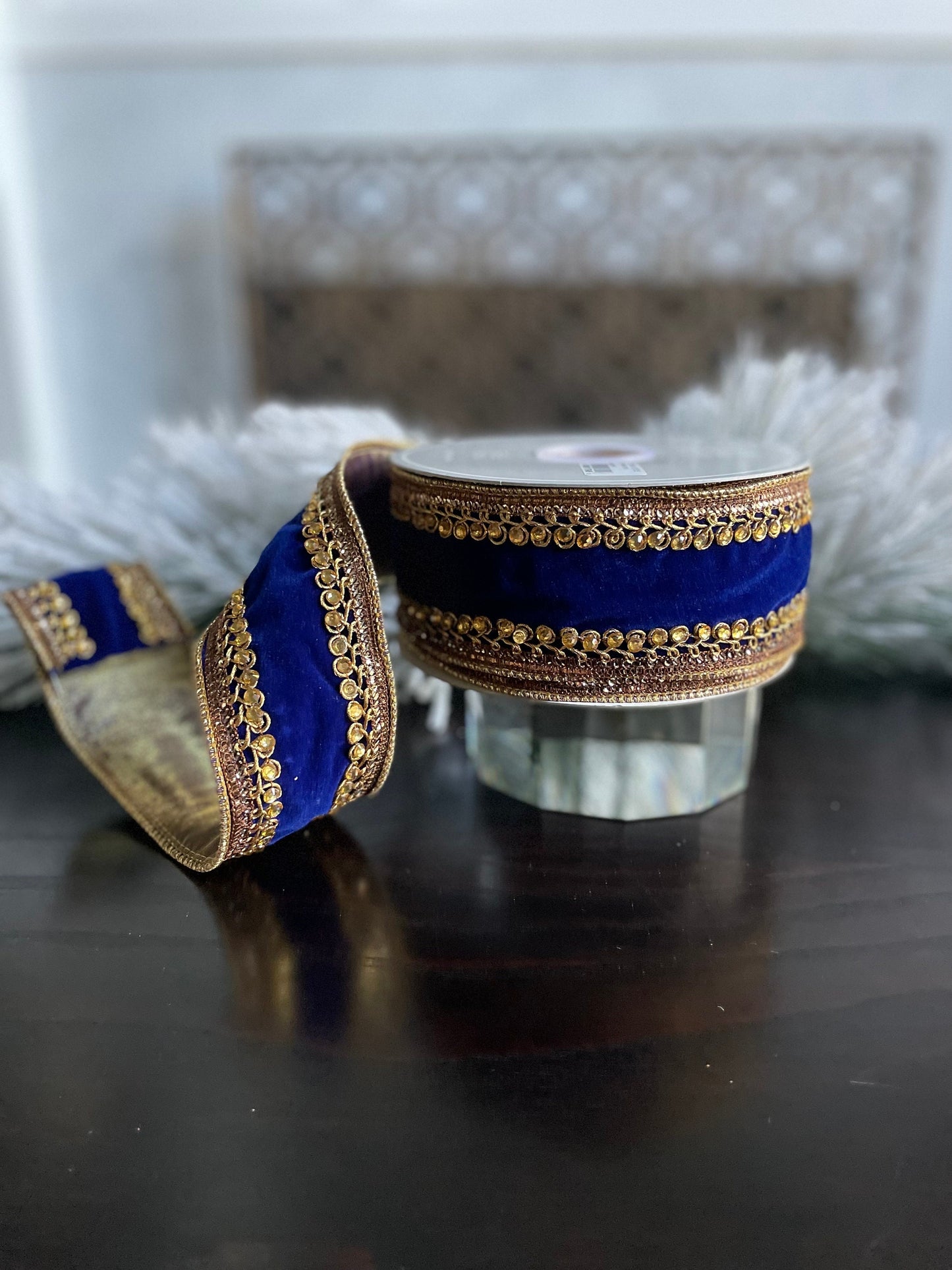 2.5” x 10 yds. Jeweled velvet wired ribbon. Royal blue. Raz.