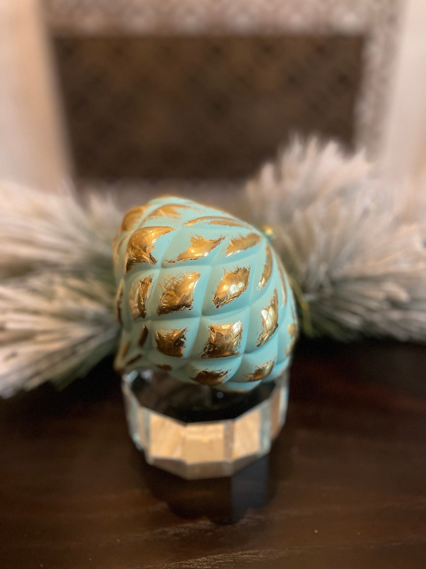 150 mm/ 6” Onion ball ornament. Aqua and gold. shatterproof