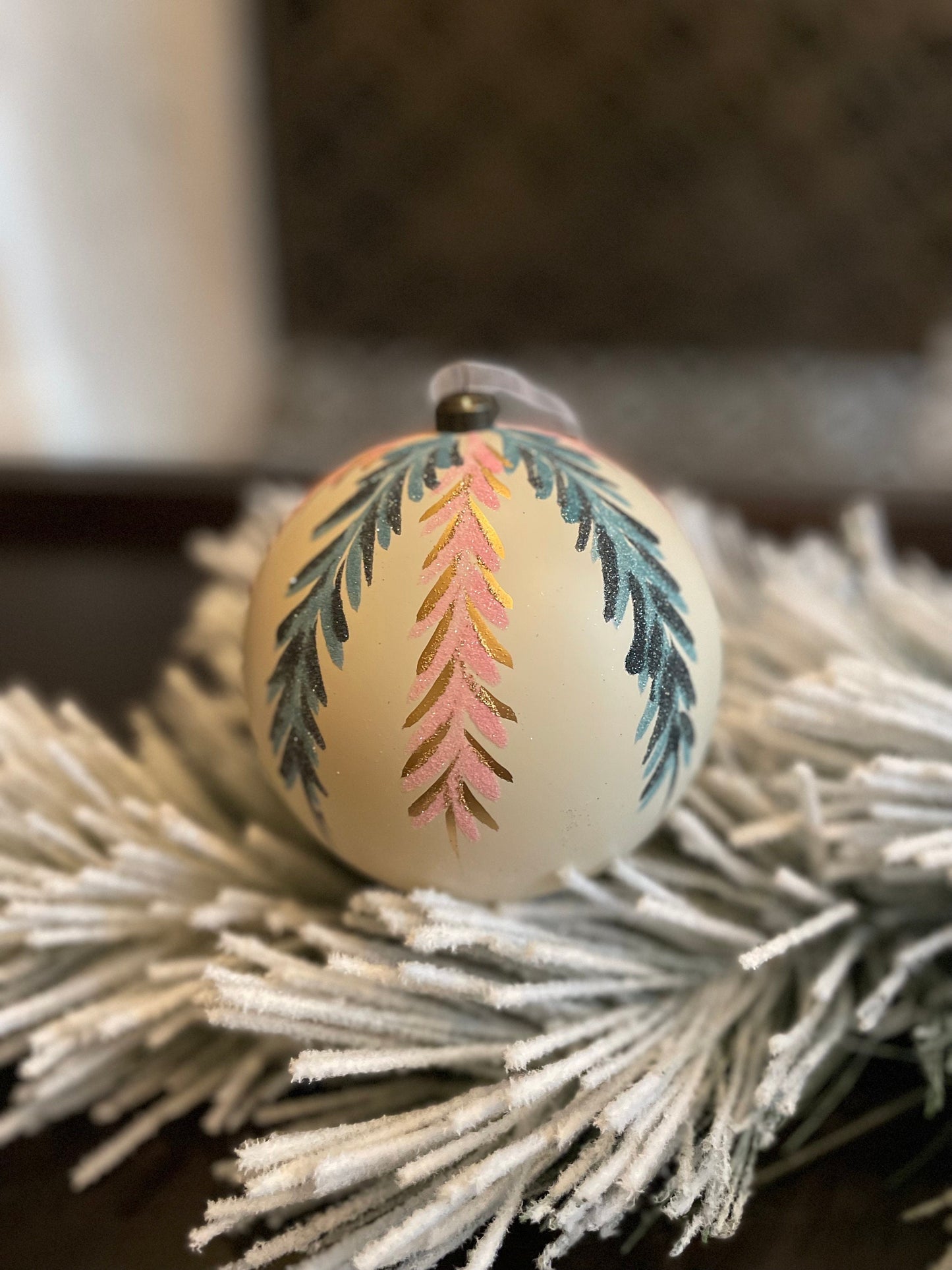 120 mm Vine ball ornament. White, pink, blue and gold. shatterproof
