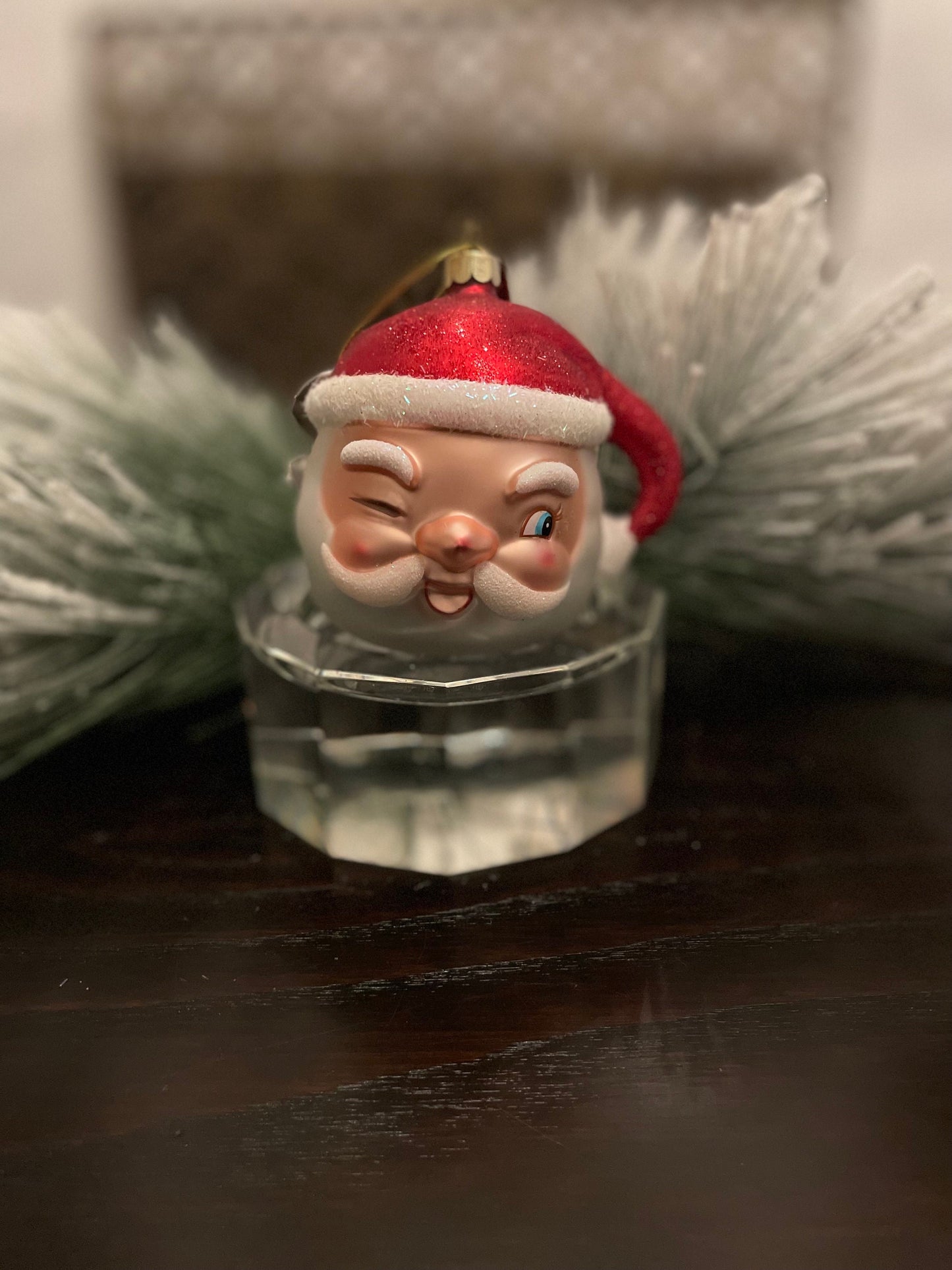 4" Winking Santa ornament. Glass.
