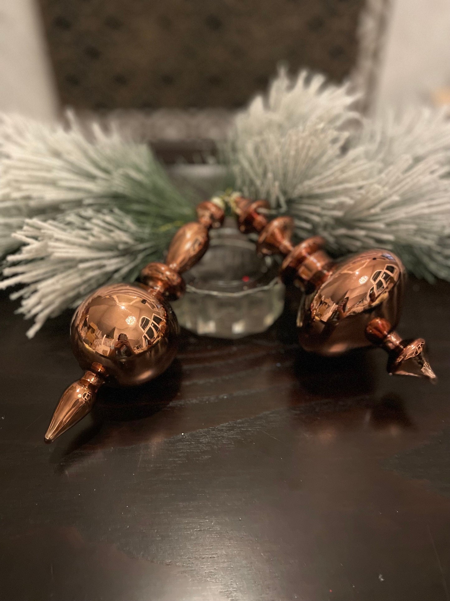 Set of 2. 10.25” Cooper finial glass ornament.