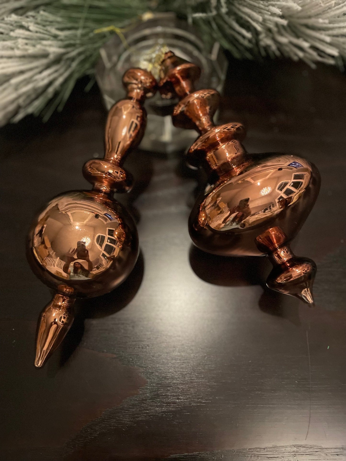 Set of 2. 10.25” Cooper finial glass ornament.