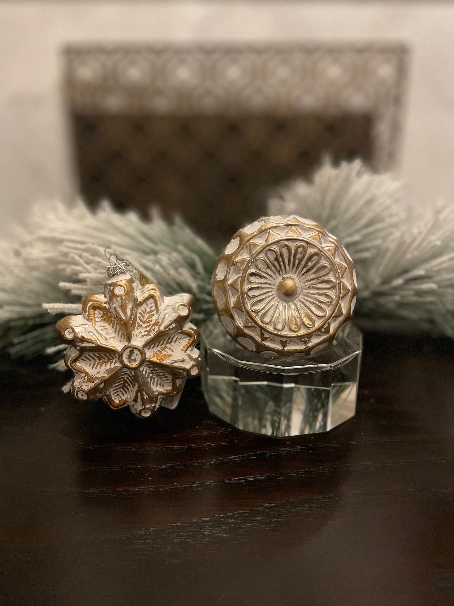 Set of 2. 4.75" Gold and white antique glass ornament.