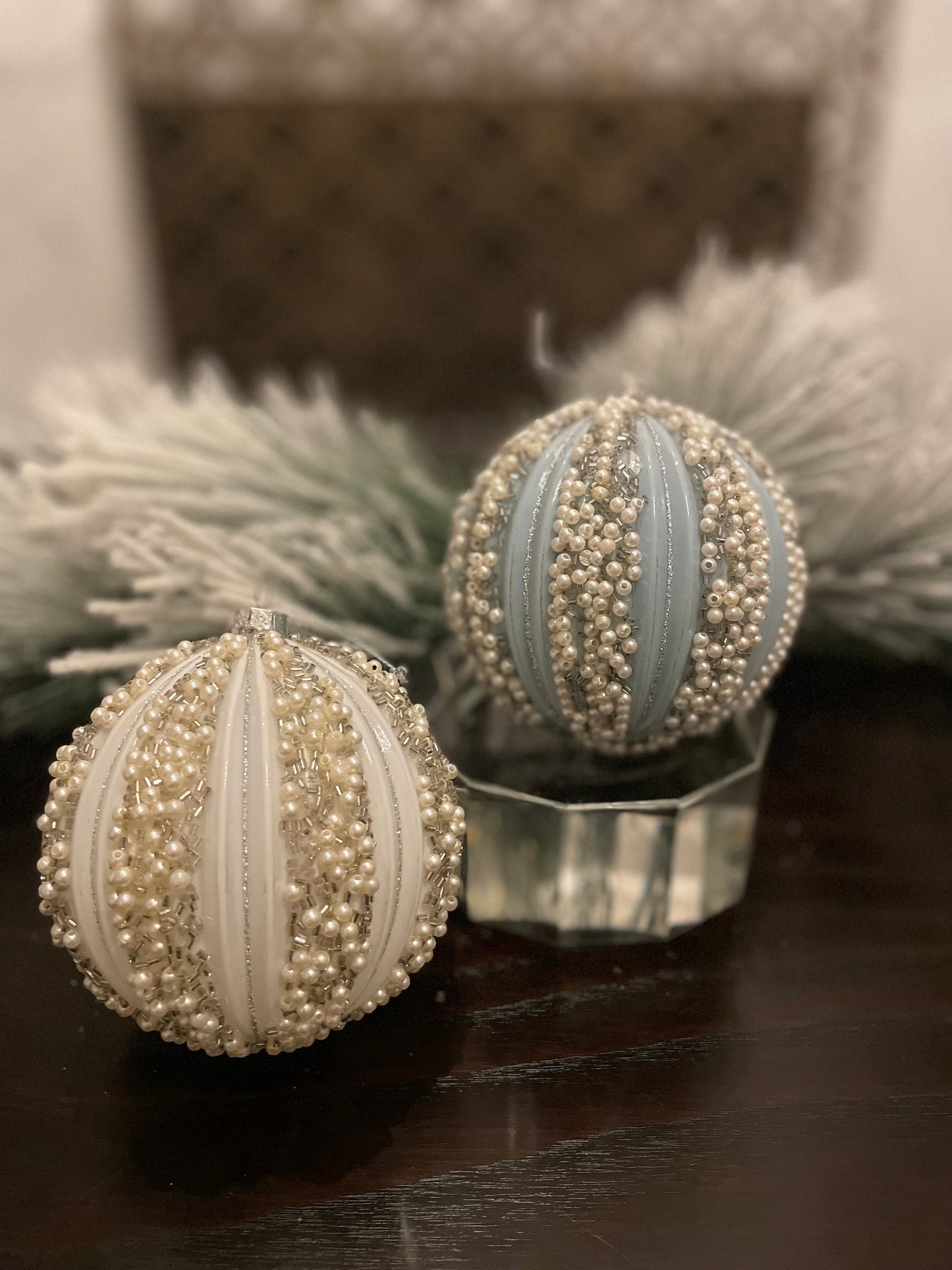 Set of 2. 4" Beaded ball ornament. White and blue.