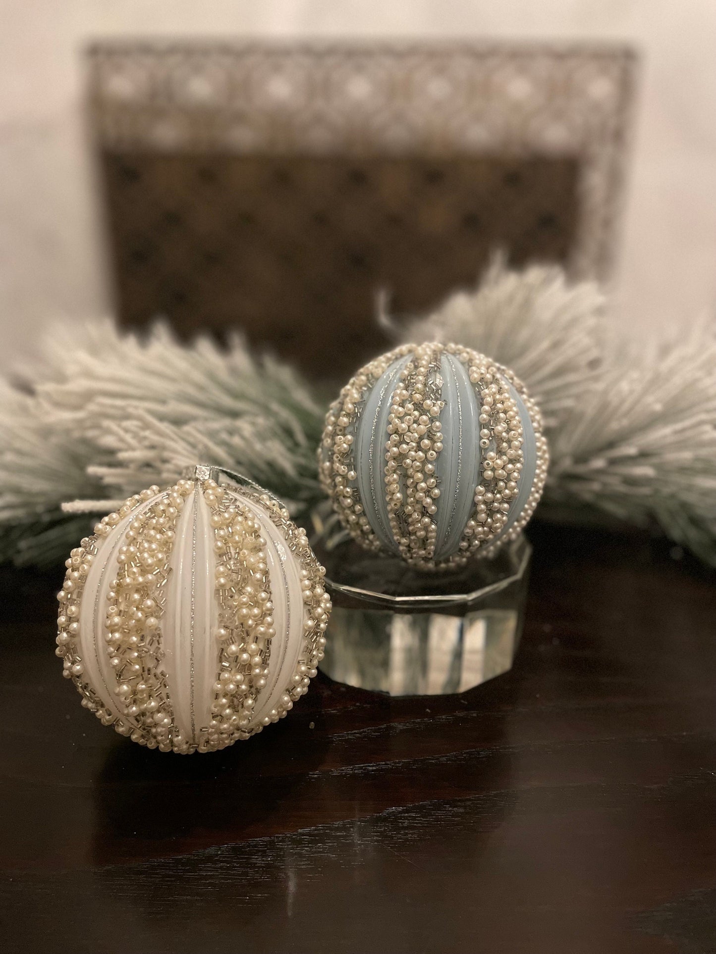 Set of 2. 4" Beaded ball ornament. White and blue.