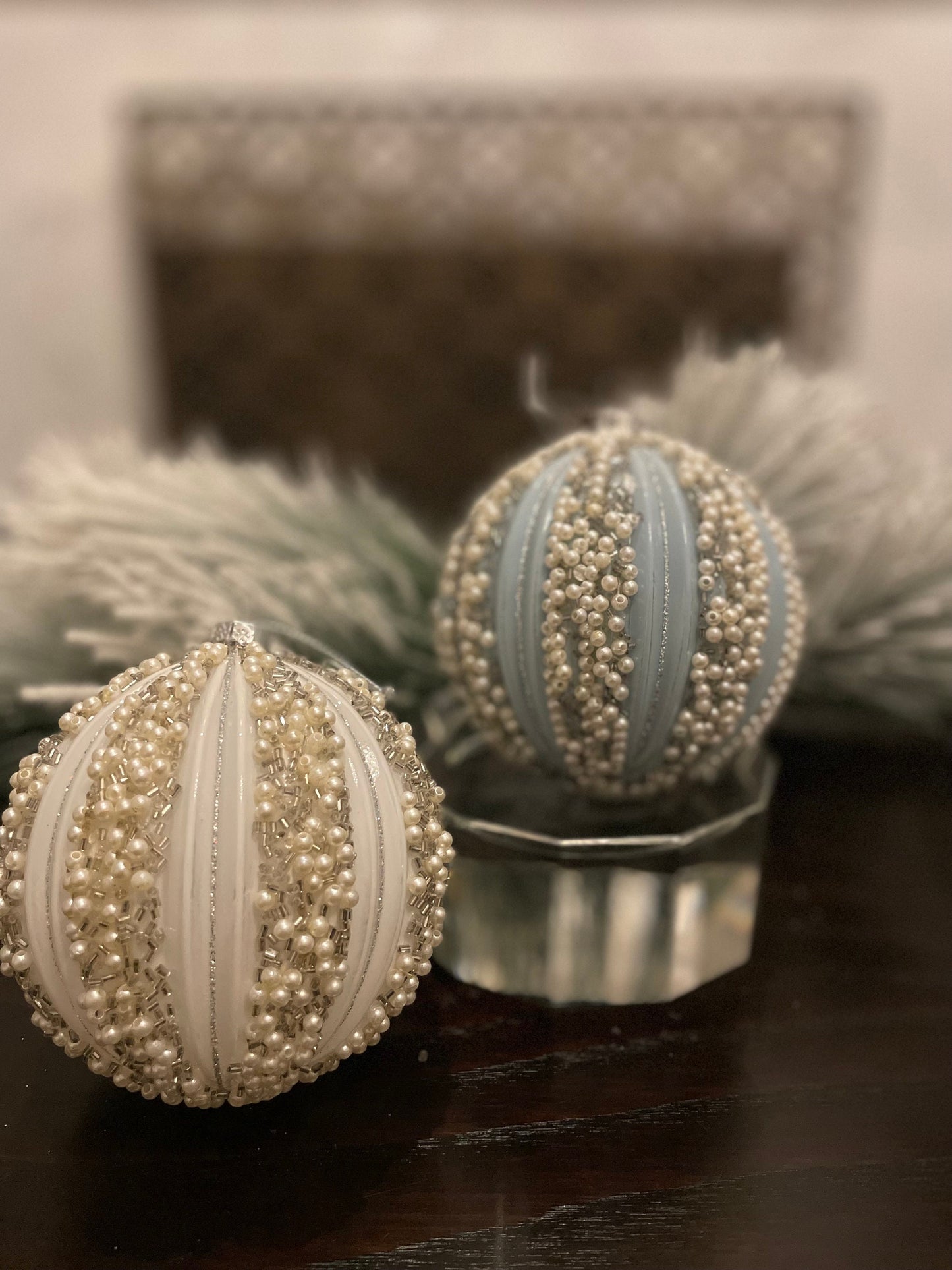 Set of 2. 4" Beaded ball ornament. White and blue.