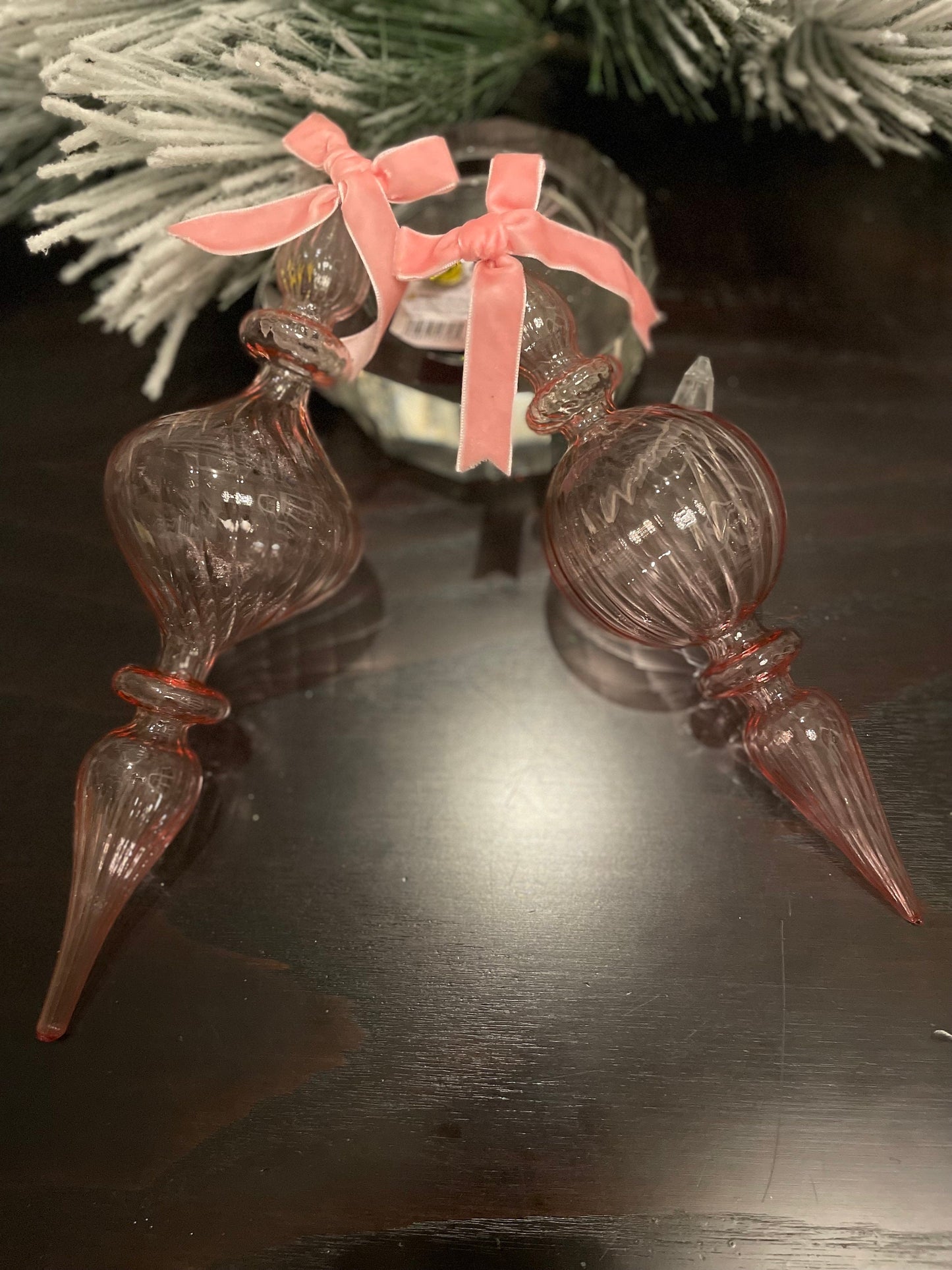 Set of 2. 11” Clear pink blown glass finial ornament.