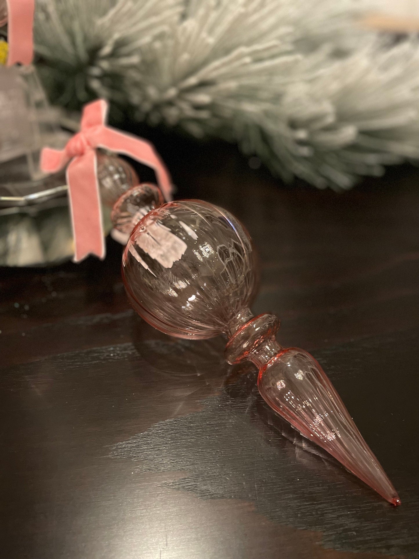 Set of 2. 11” Clear pink blown glass finial ornament.