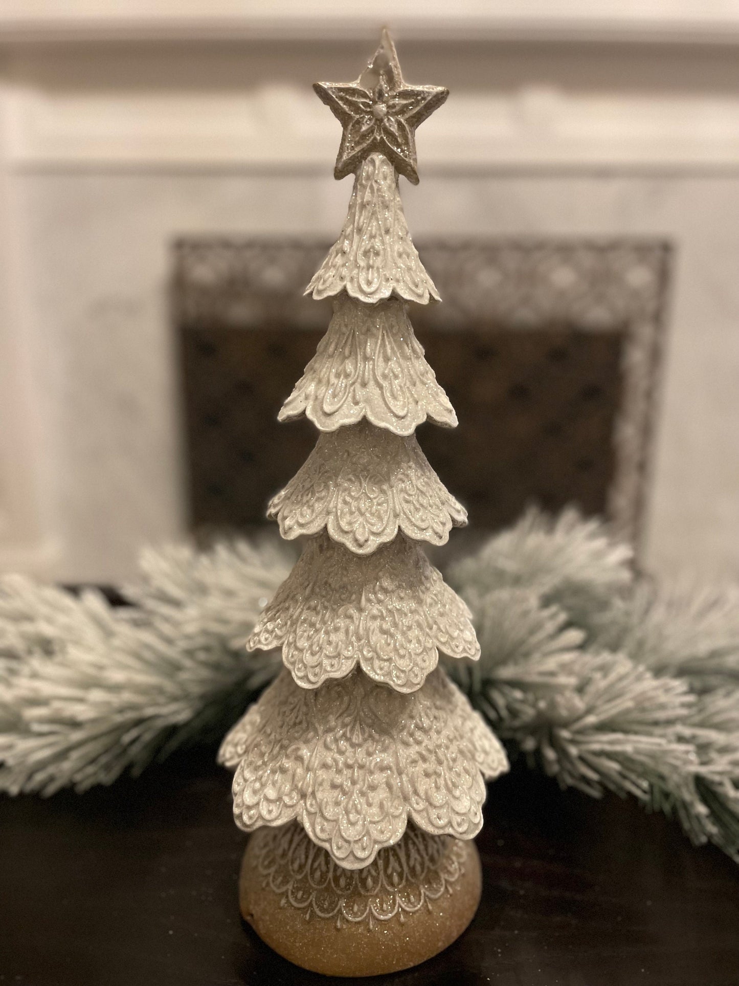 18" White icing gingerbread tree. Resin.