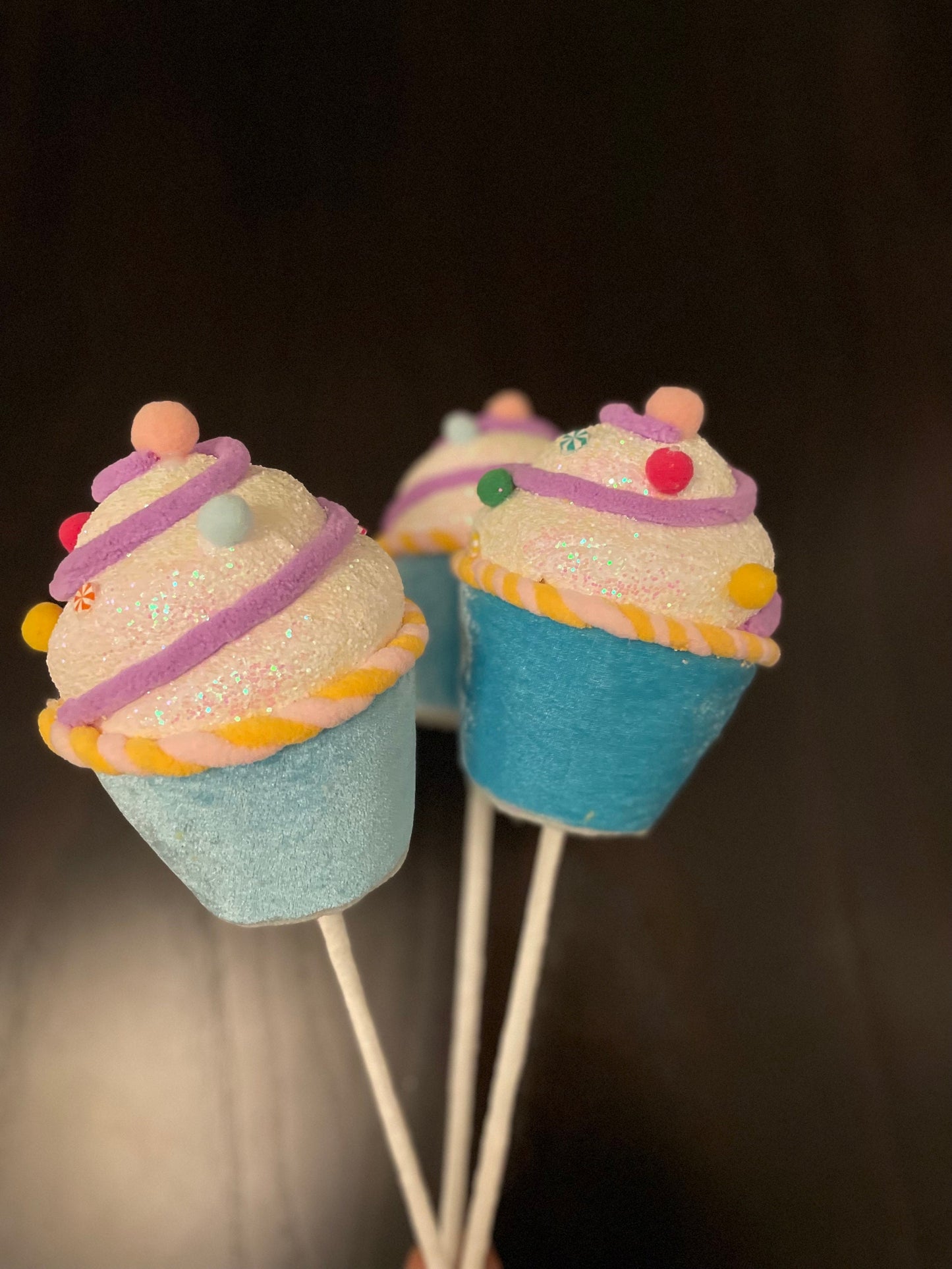6.5” Blue Cupcake with sprinkles ornament. Set of 3.