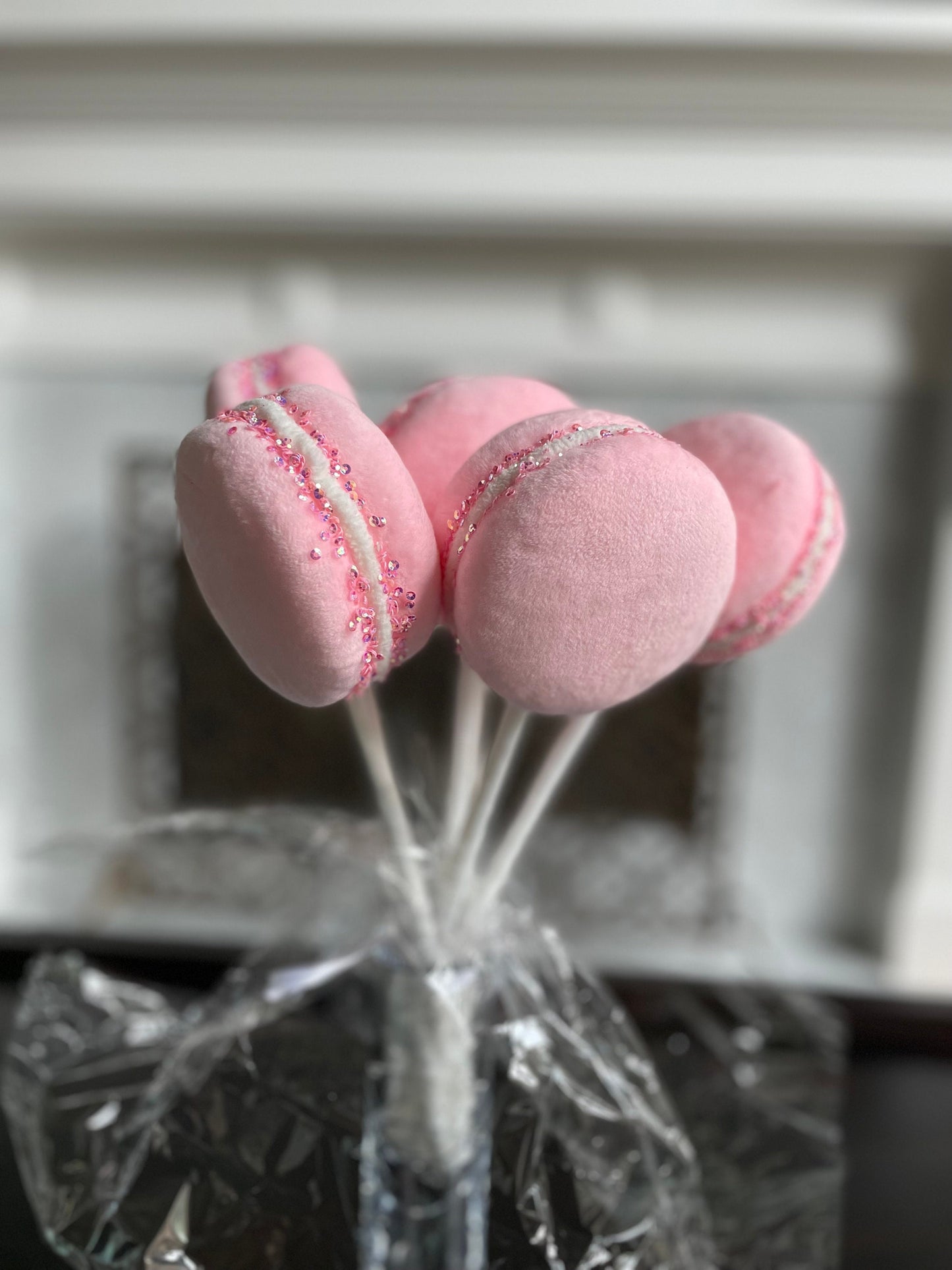 4” Macaroons with sprinkles ornament. Set of 6. Pink.