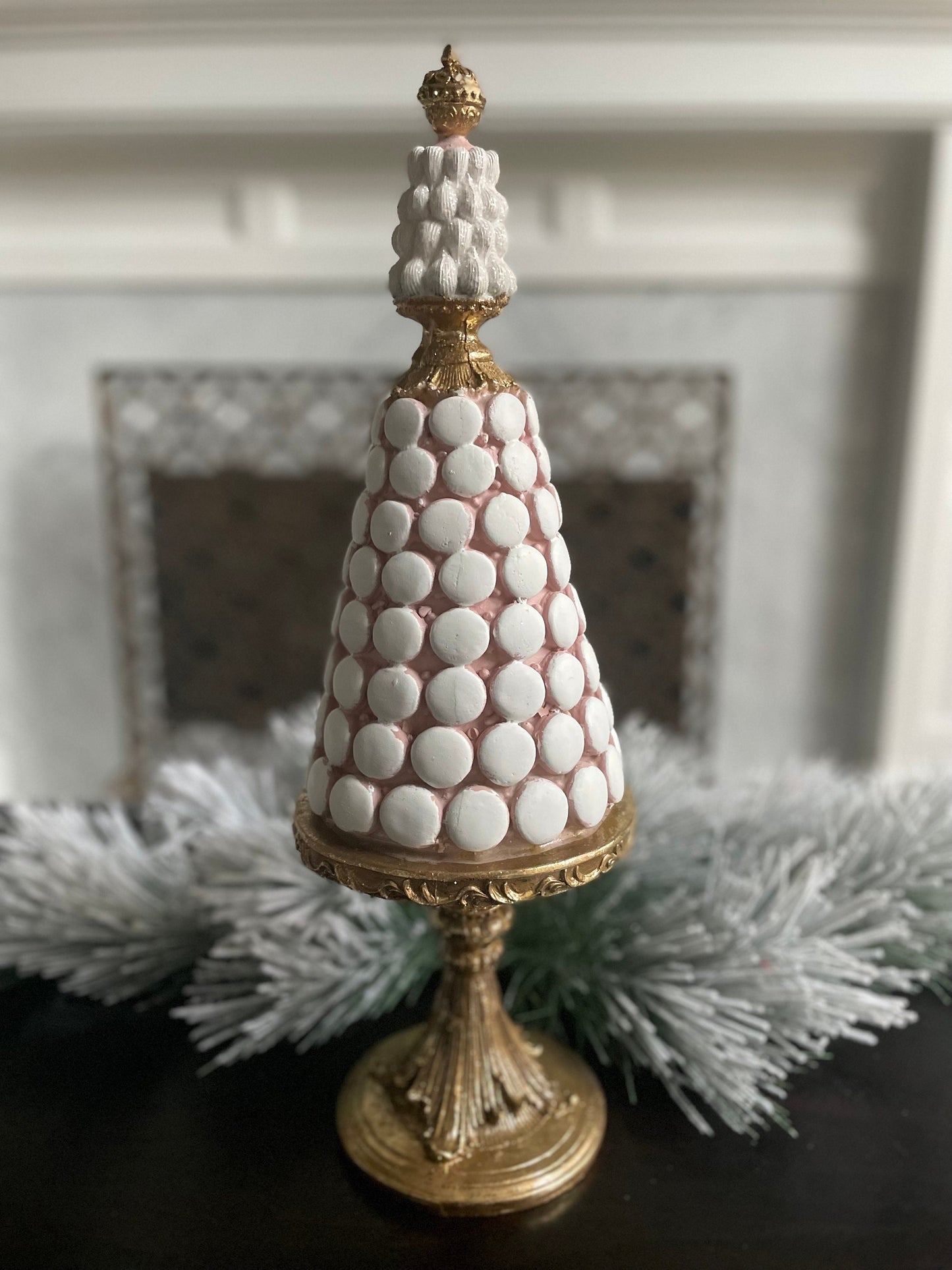 21”H x 7”W Macaroon tree. Christmas tree. Pink, white and gold.