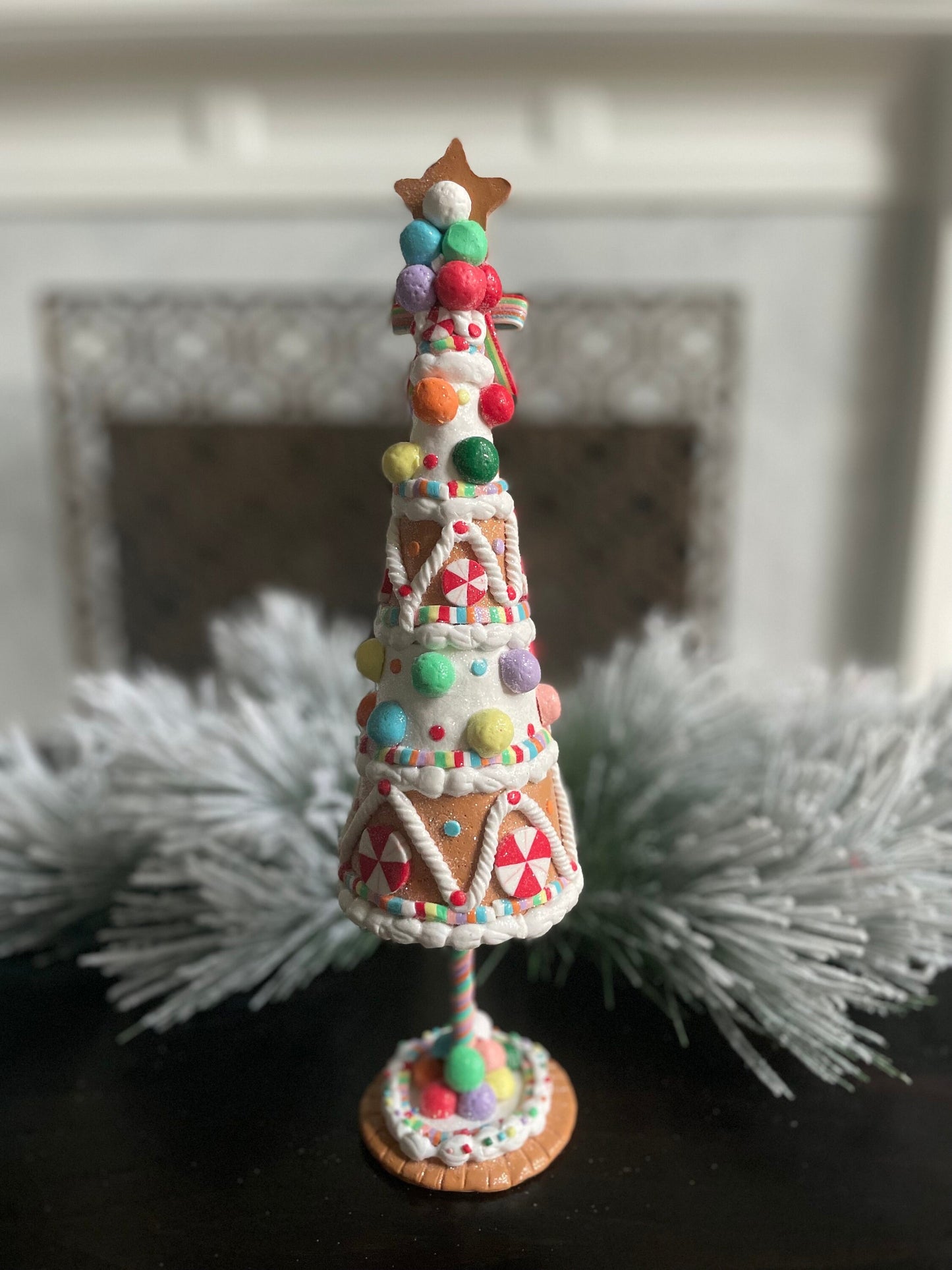 14.5”H x 3.5” W. Claydough gingerbread candy tree. Christmas. Multi color.