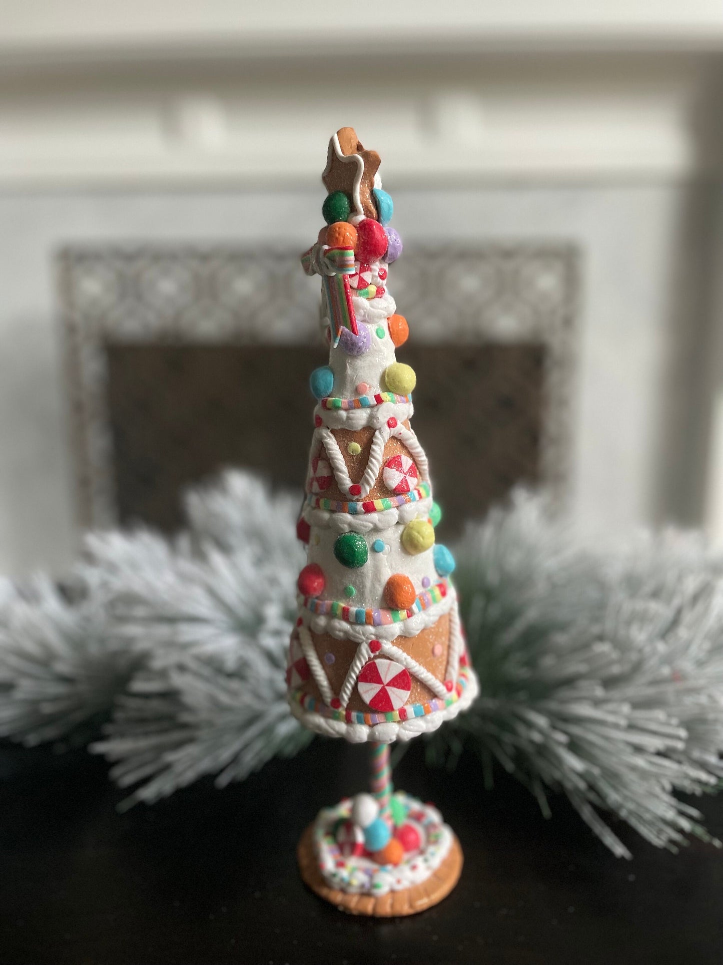 14.5”H x 3.5” W. Claydough gingerbread candy tree. Christmas. Multi color.