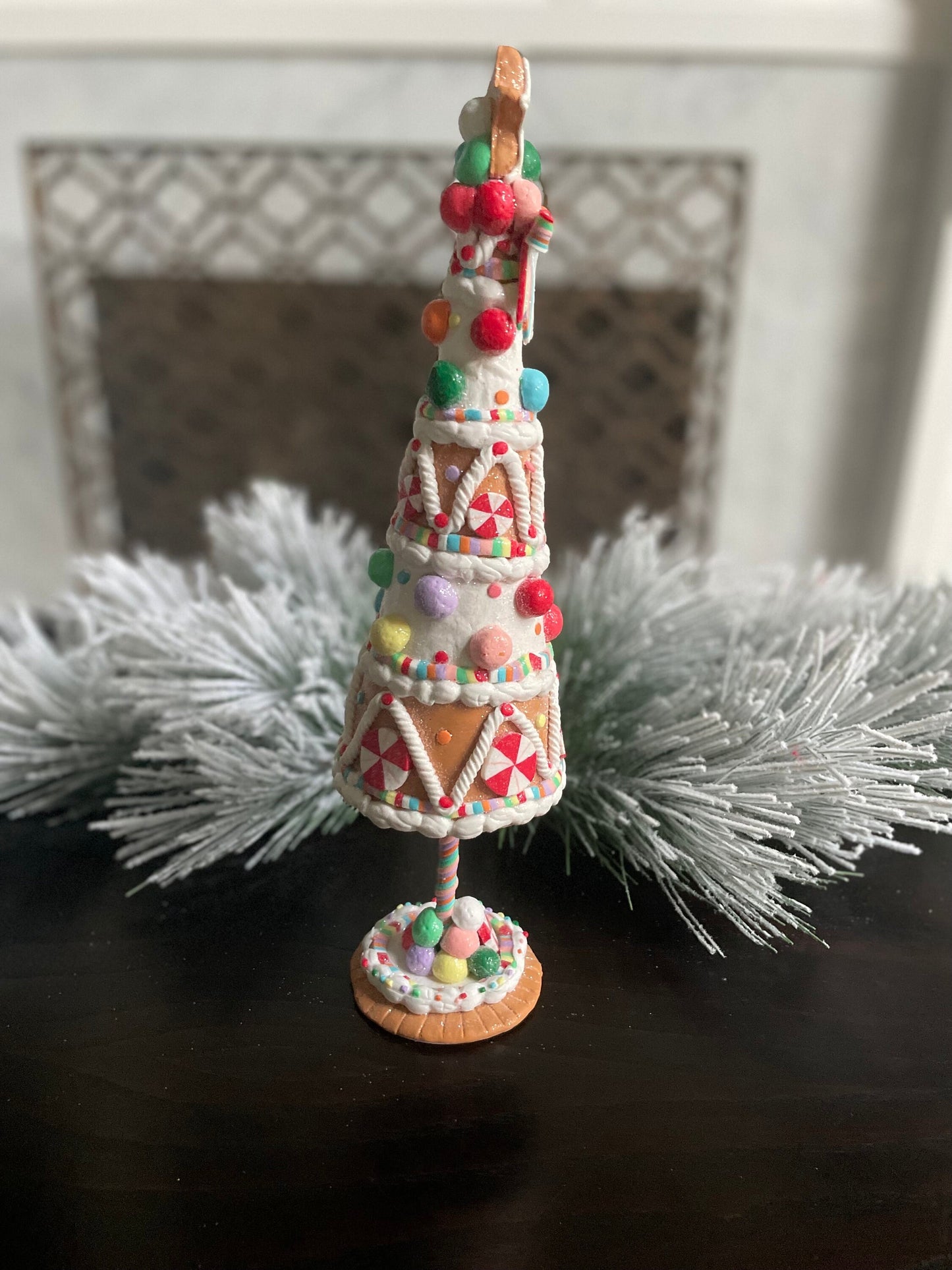 14.5”H x 3.5” W. Claydough gingerbread candy tree. Christmas. Multi color.
