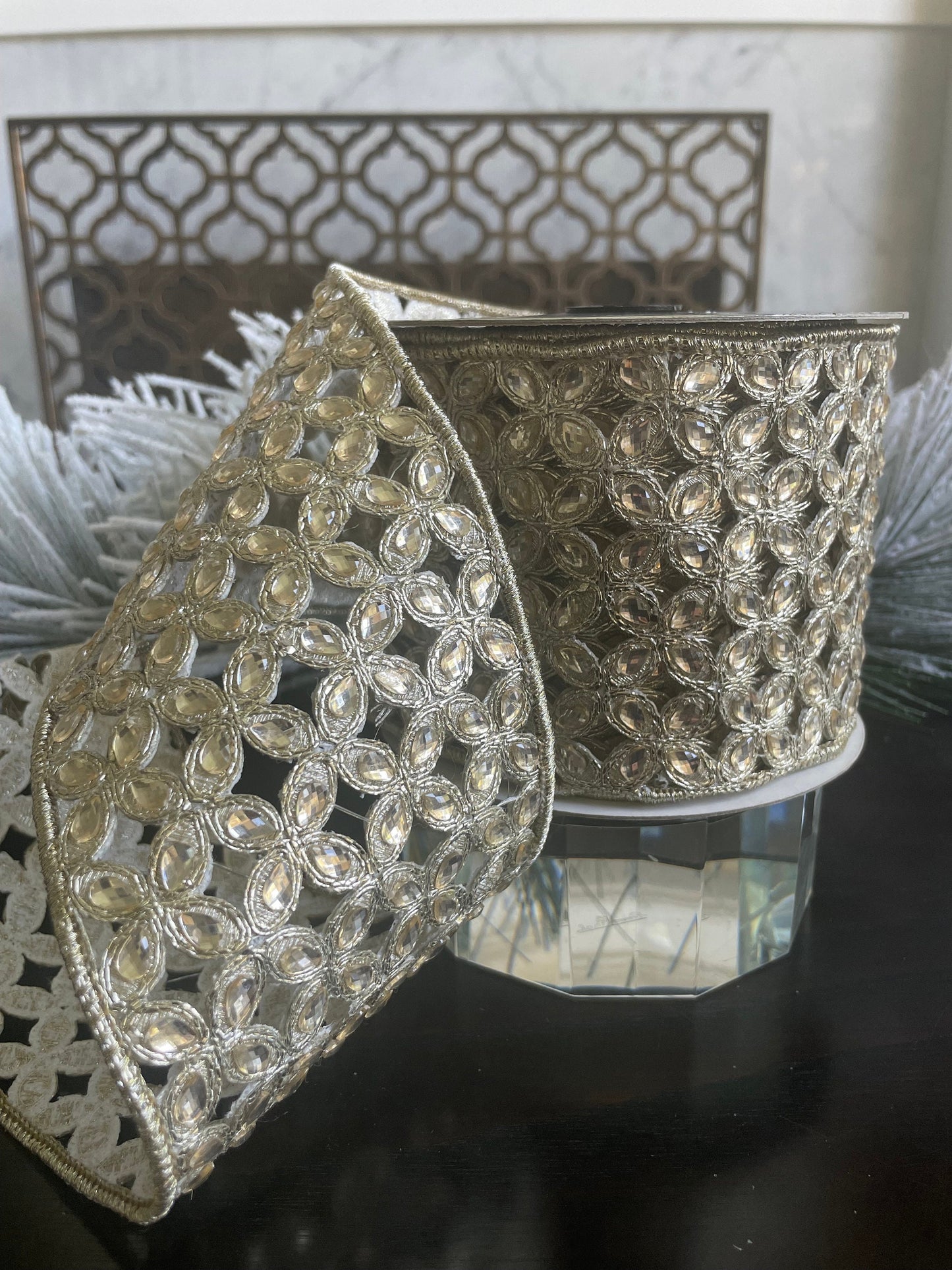 4"x 5 yds. jeweled platinum Christmas flowers wired ribbon. Farrisilk.