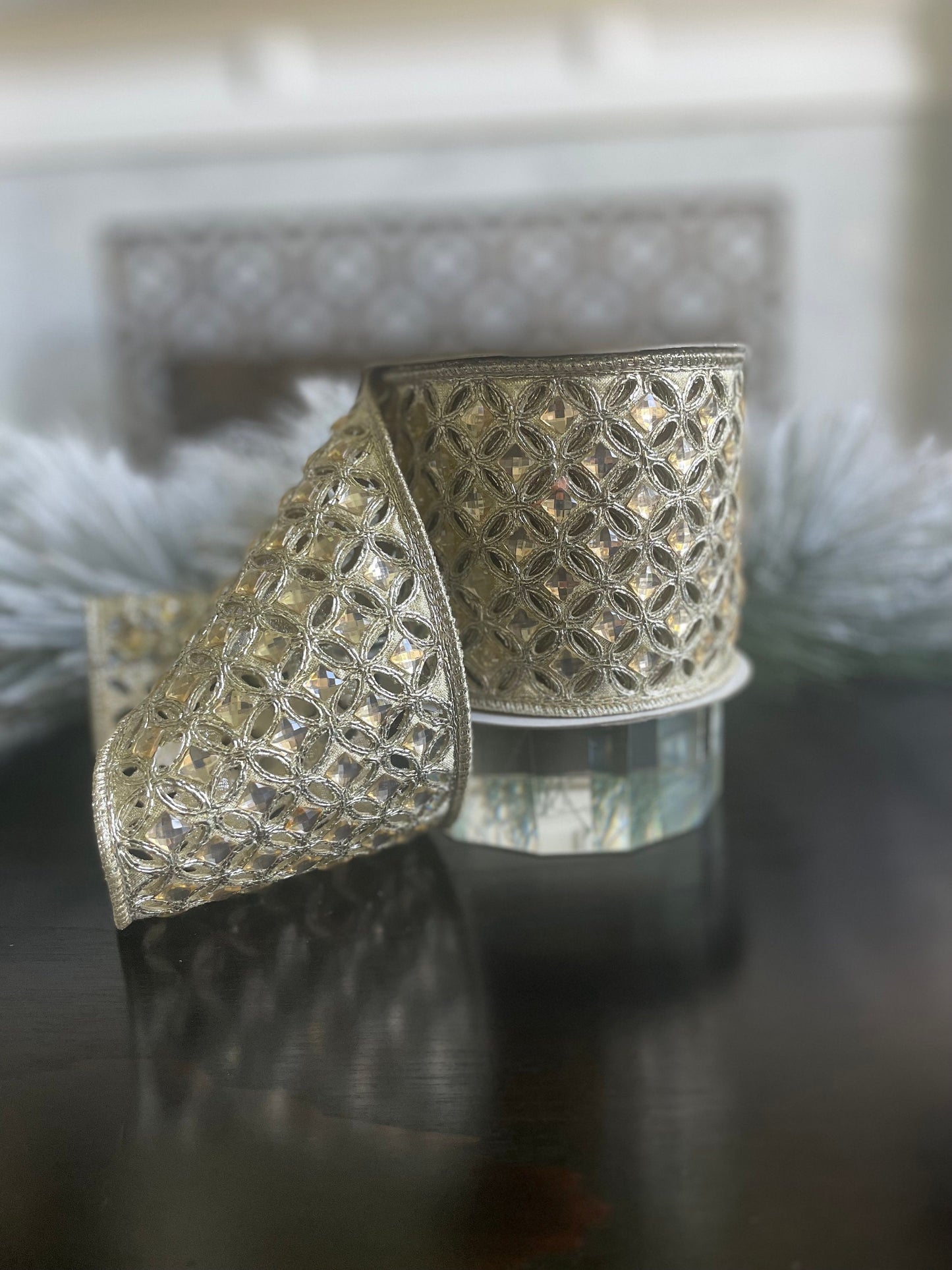 4"x 5 yds. Diamond lace jeweled platinum Christmas wired ribbon. Farrisilk.