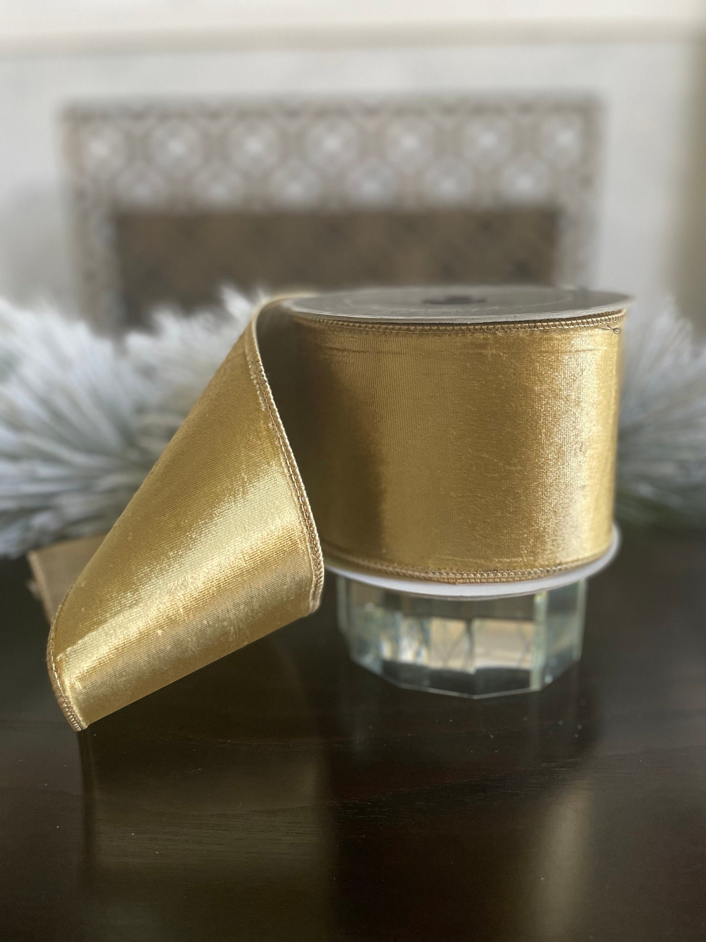 4"x 10 yds. Velvet gold wired ribbon. Farrisilk.