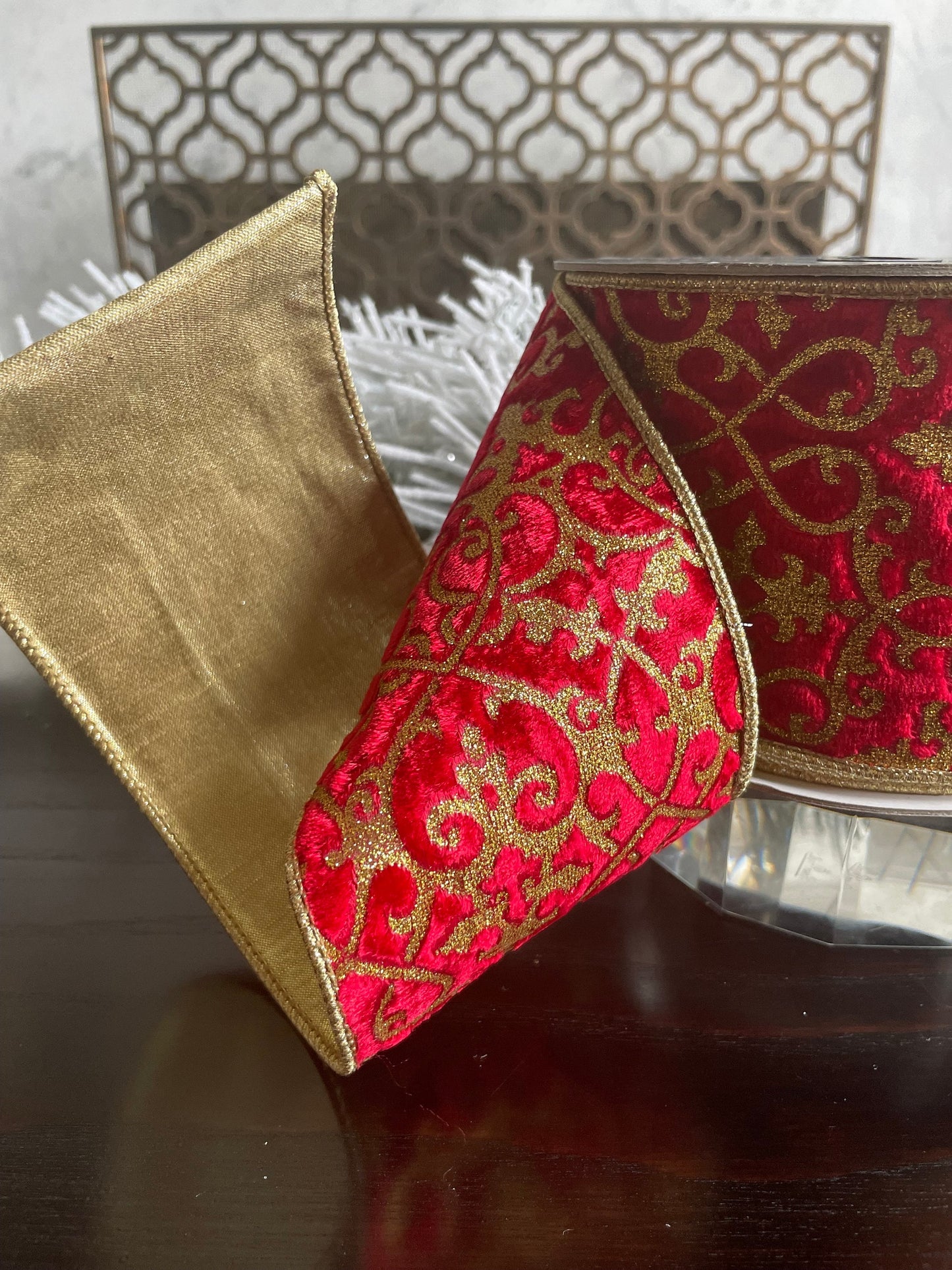 4” x 10 yds. Mini acantus gold and red wired ribbon. Farrisilk.