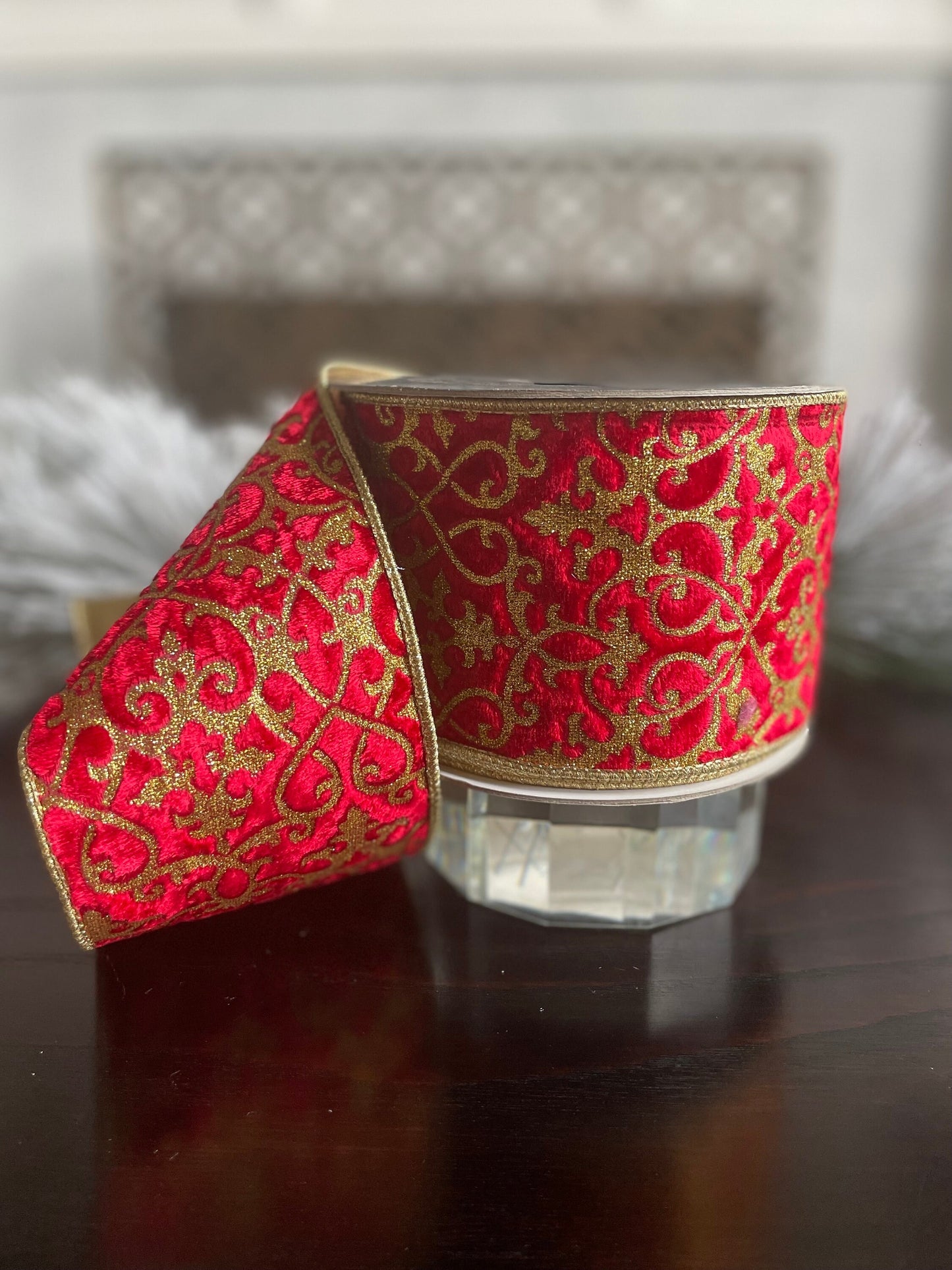 4” x 10 yds. Mini acantus gold and red wired ribbon. Farrisilk.