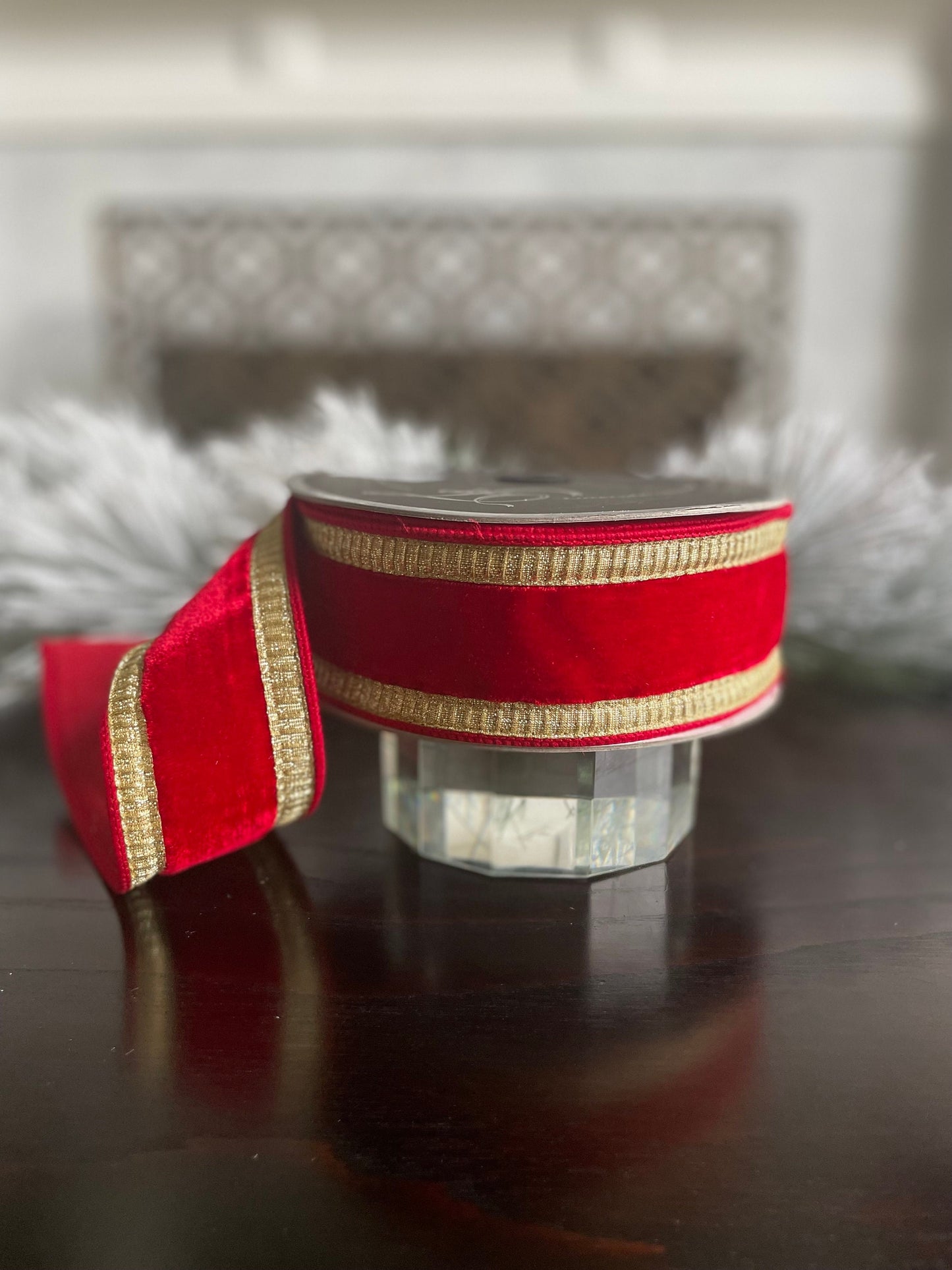 2.5” x 10 yds. Designer pleated borders velvet red and gold ribbon. Wired. Farrisilk.