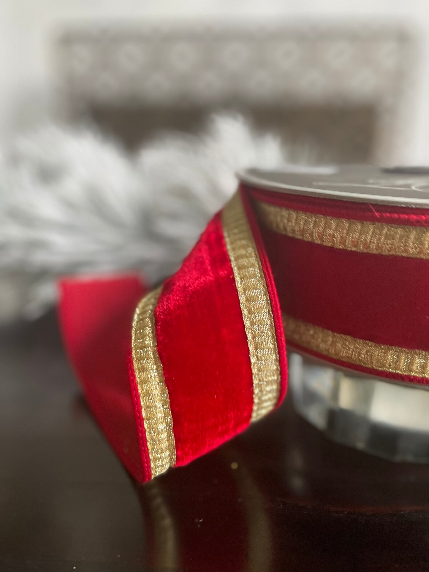 2.5” x 10 yds. Designer pleated borders velvet red and gold ribbon. Wired. Farrisilk.