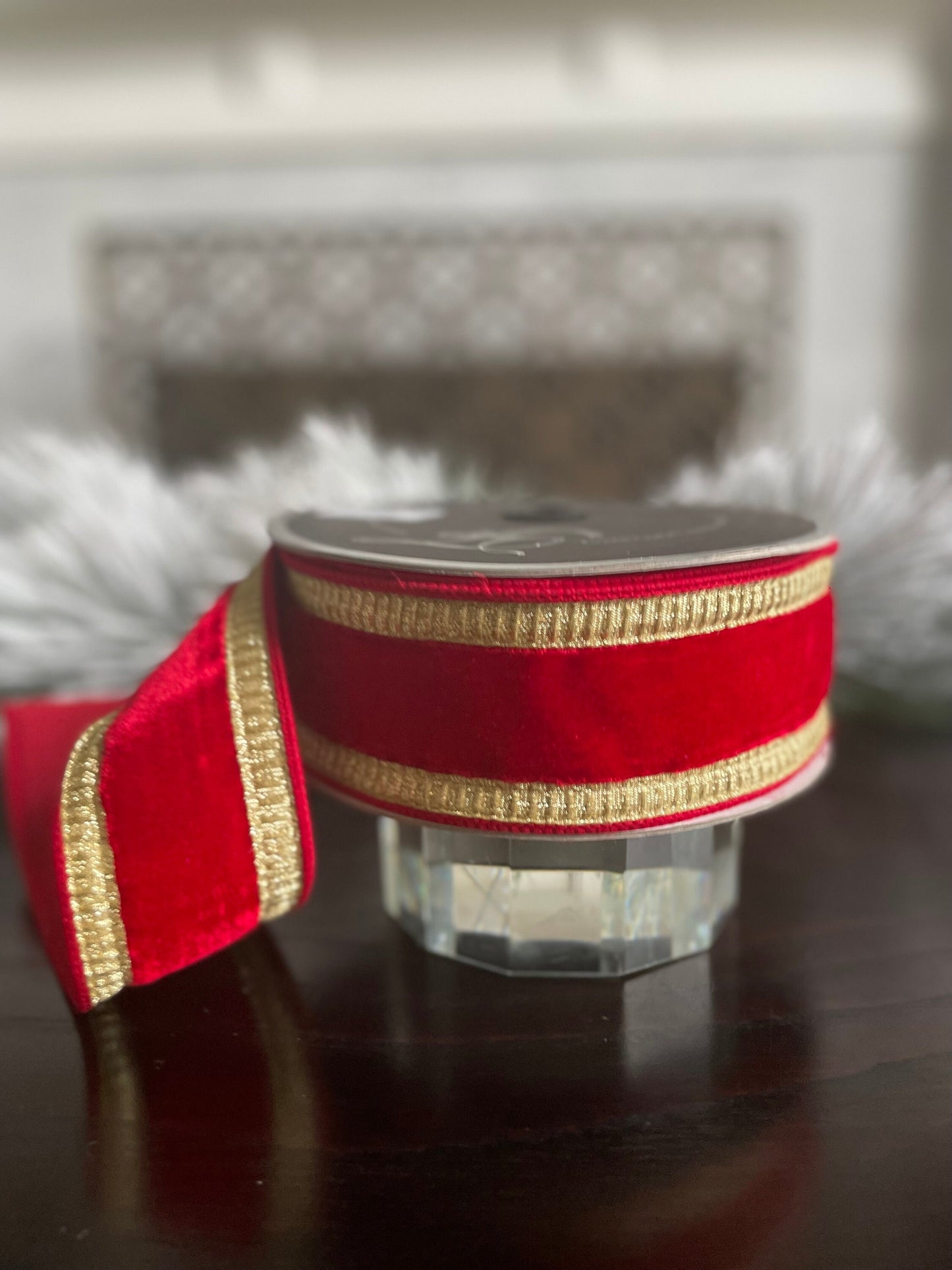 2.5” x 10 yds. Designer pleated borders velvet red and gold ribbon. Wired. Farrisilk.
