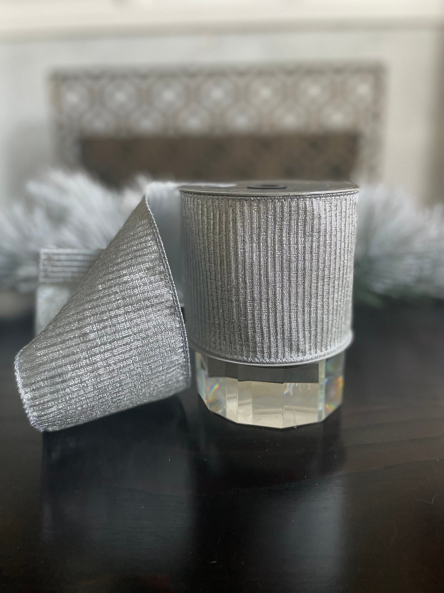 4” x 10 yds Designer pleated metallic, silver ribbon. Wired. Farrisilk.