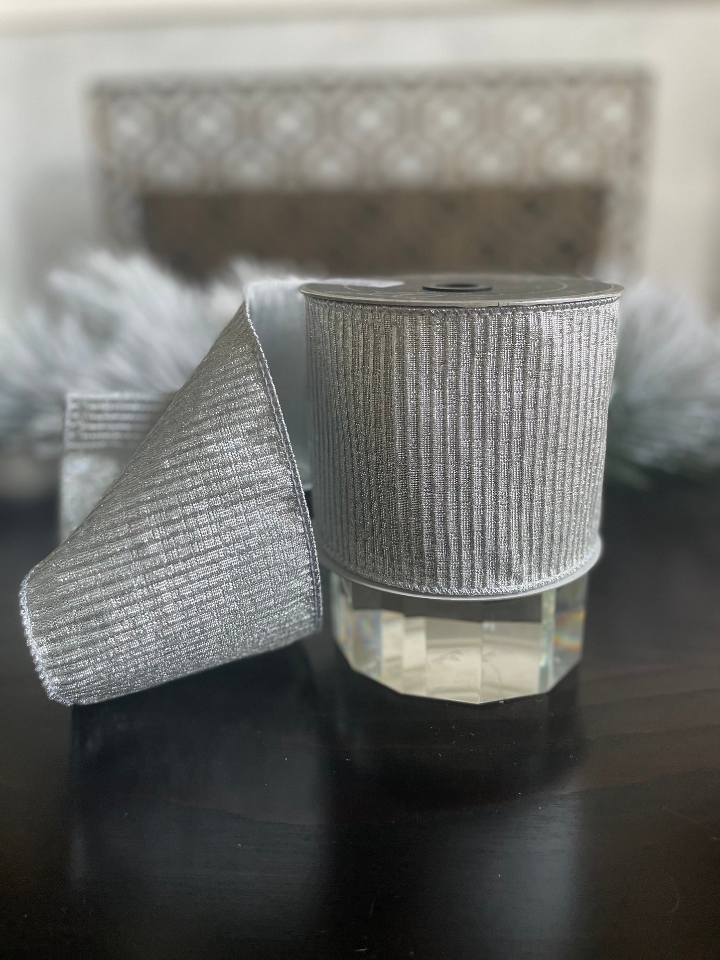 4” x 10 yds Designer pleated metallic, silver ribbon. Wired. Farrisilk.