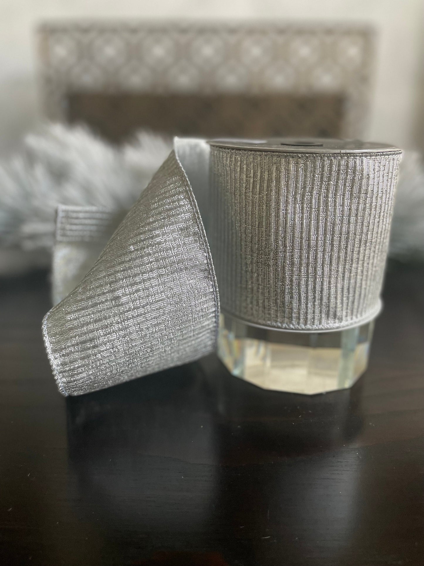 4” x 10 yds Designer pleated metallic, silver ribbon. Wired. Farrisilk.