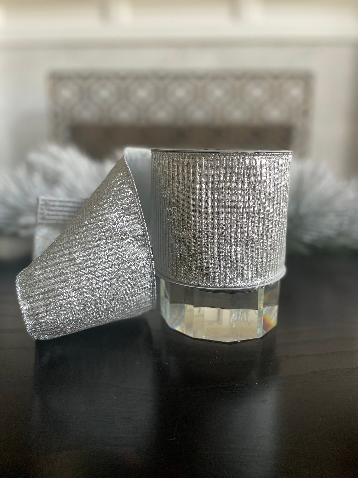 4” x 10 yds Designer pleated metallic, silver ribbon. Wired. Farrisilk.
