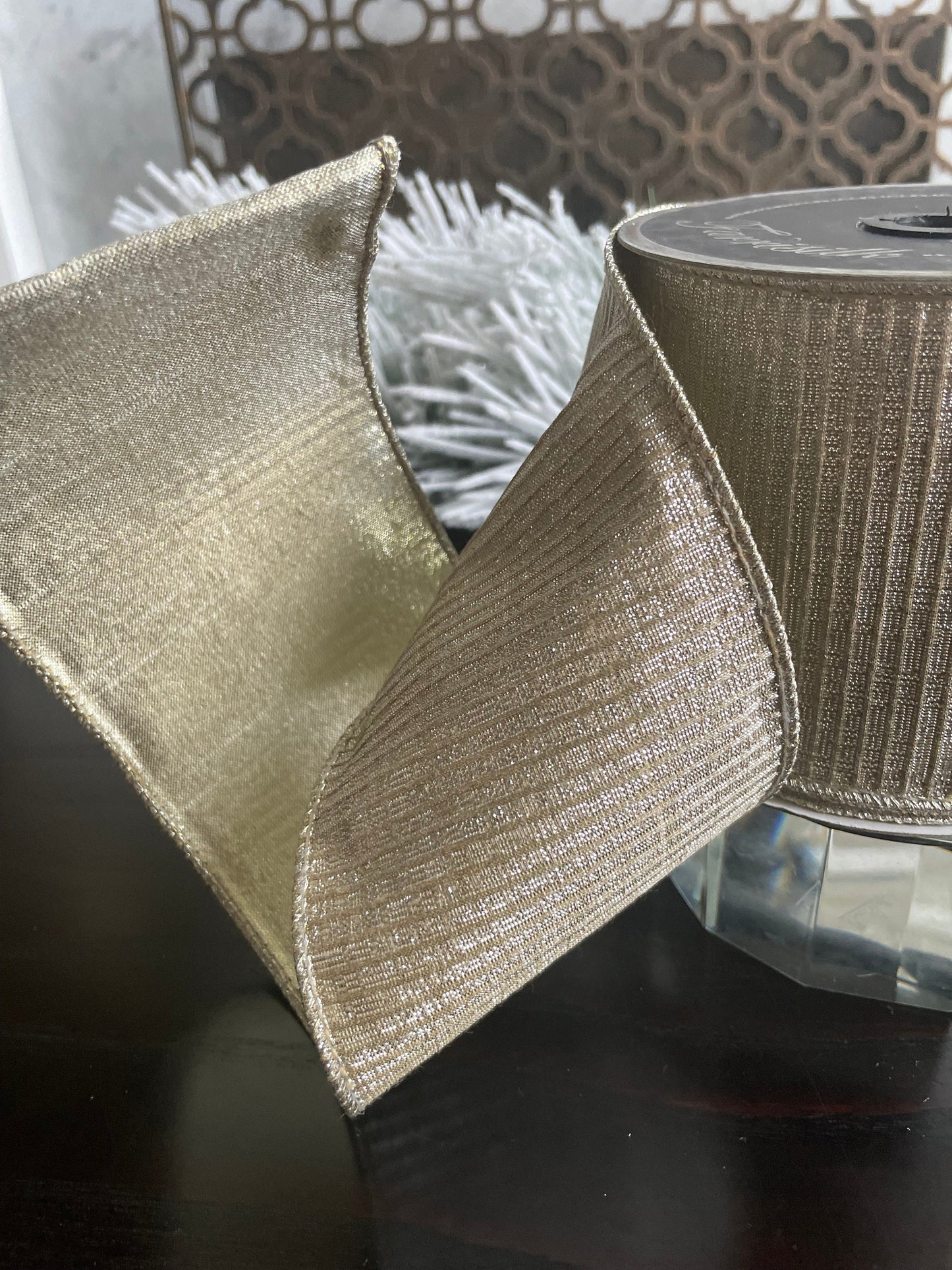 4” x 10 yds Designer pleated metallic, platinum ribbon. Wired. Farrisilk.