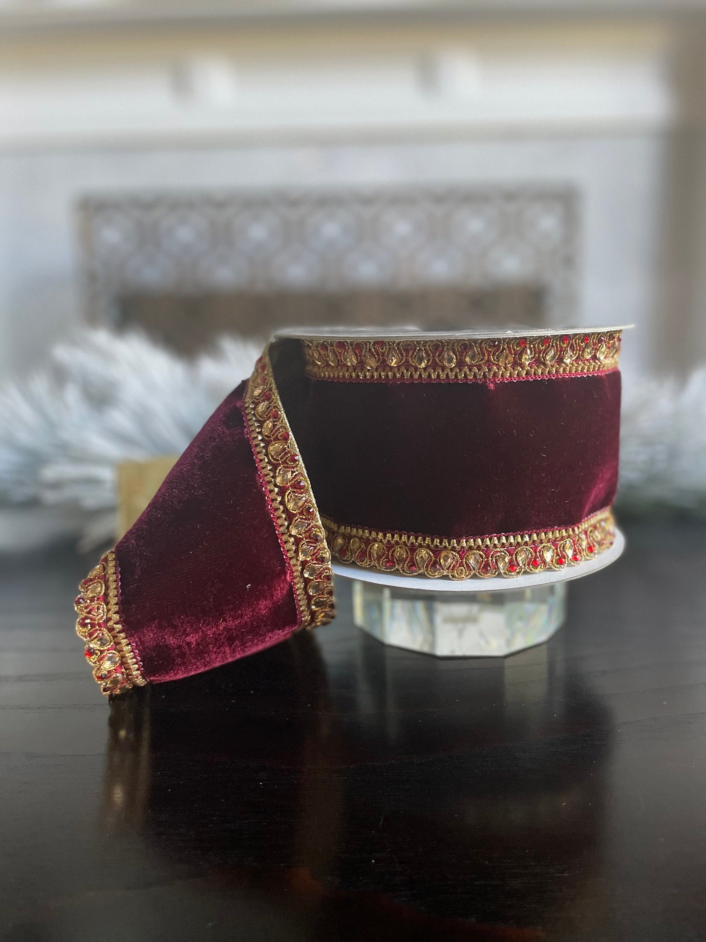 4” x 5 yds. Velvet King Edward burgundy. Jeweled. Wired. Farrisilk.*