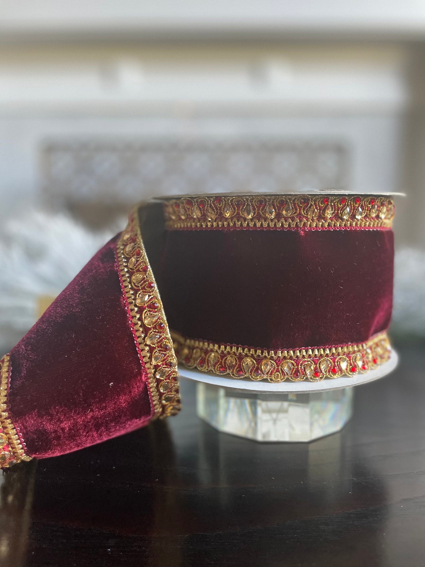4” x 5 yds. Velvet King Edward burgundy. Jeweled. Wired. Farrisilk.*