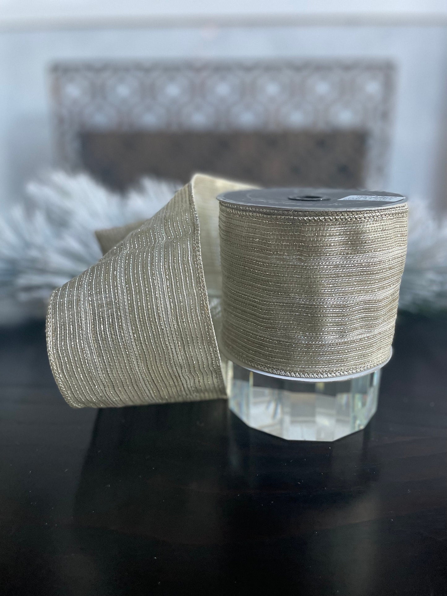 4"x 10 yds. Tinsel stripes platinum. Farrisilk.