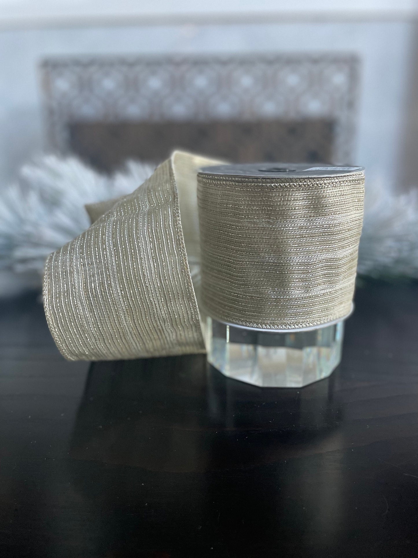 4"x 10 yds. Tinsel stripes platinum. Farrisilk.