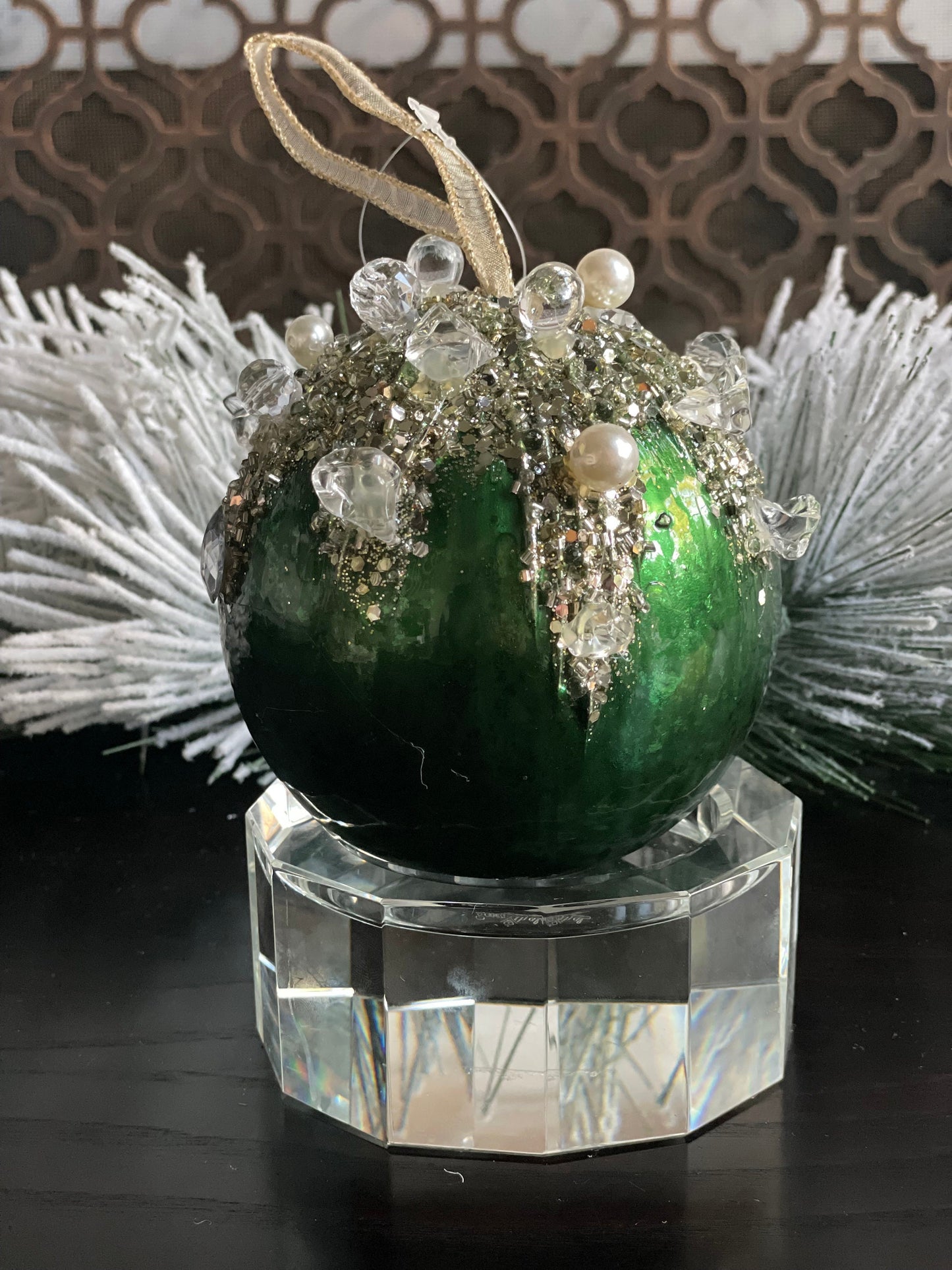 5” Dazzling bejeweled ball, ornament, emerald.