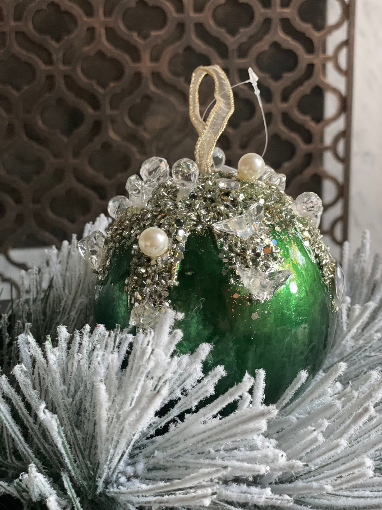 5” Dazzling bejeweled ball, ornament, emerald.